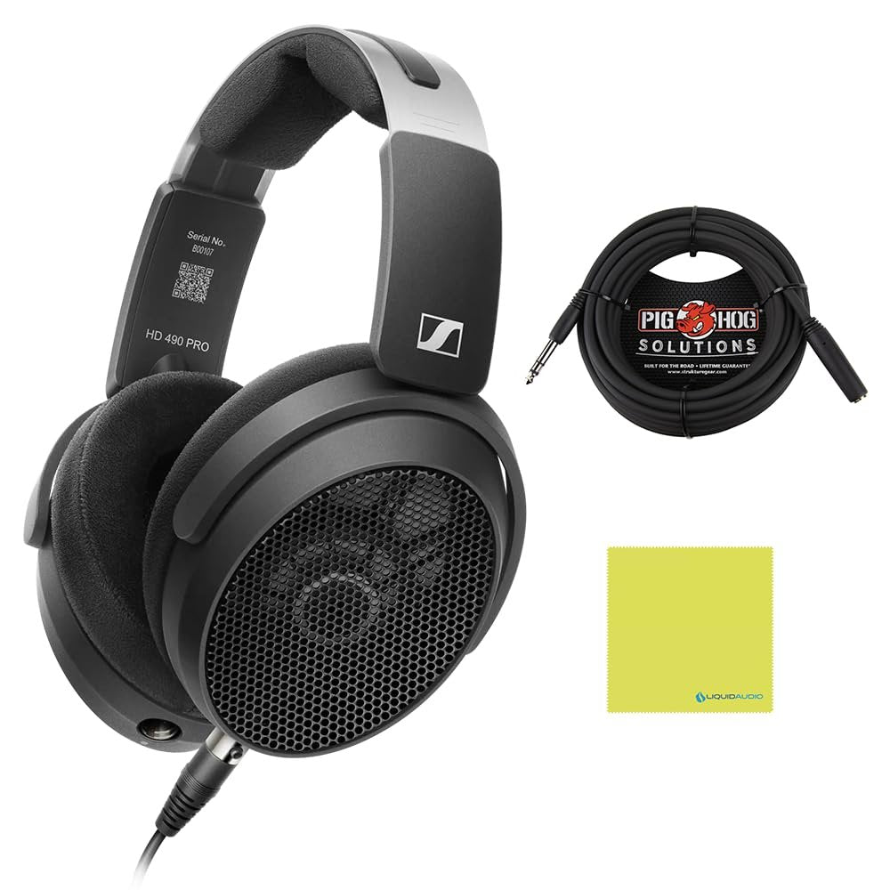Sennheiser HD 490 PRO Open-Back Professional Headphones Bundle with 25ft Pig Hog Headphone Extension Cable & Polishing Cloth – Studio Monitoring, Mixing, and Critical Listening