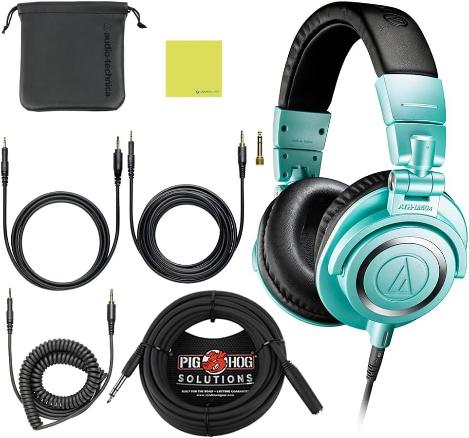 Audio Technica ATH-M50X Professional Studio Monitor Headphones Ice Blue Bundle w/Pig hog 25’ Extension Cable & Liquid Polishing Cloth with Detachable Cable