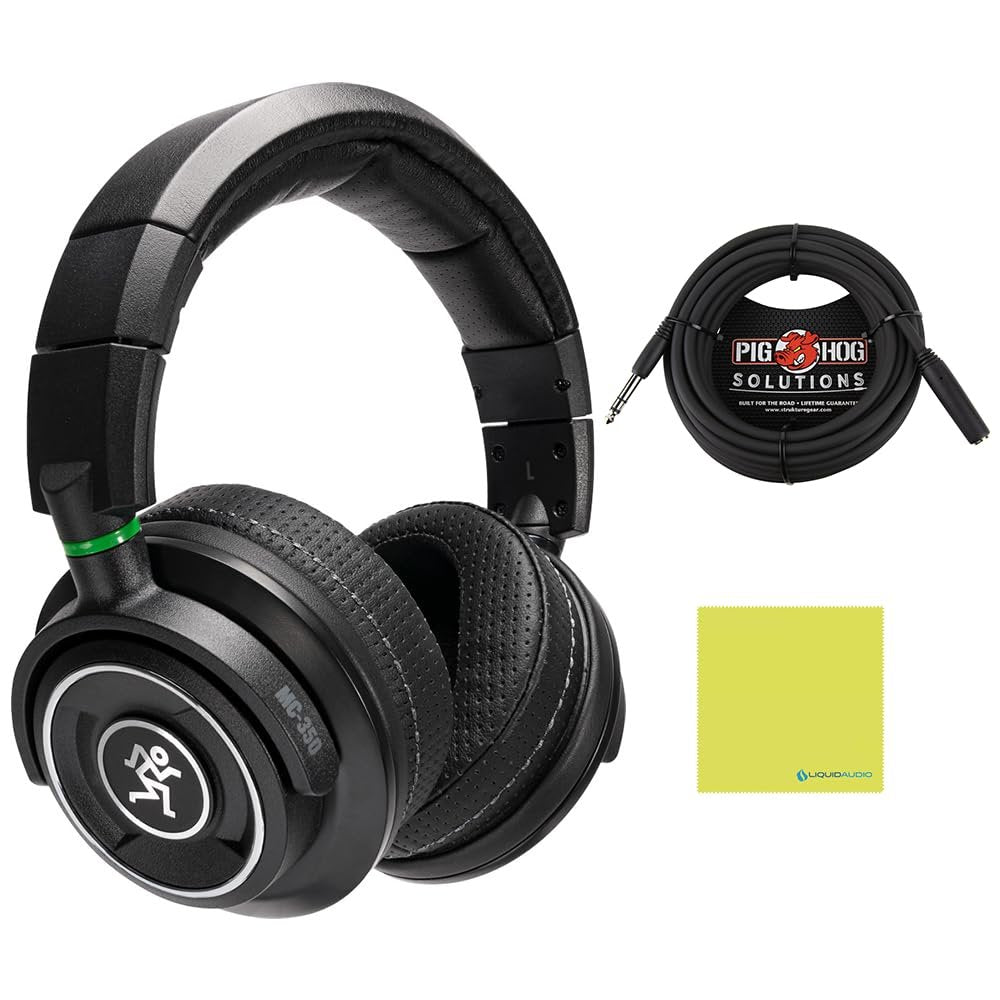 Liquid Audio Mackie MC-350 Professional Closed-Back Headphones Black Bundle with Pig Hog 25ft Headphone Extension Cable and Instrument Polishiing Cloth