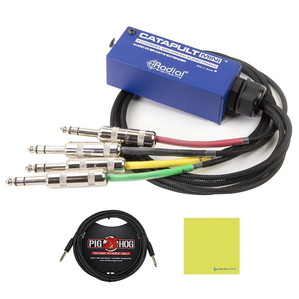 Radial Catapult Mini TRS Cat 5/6 Audio Snake Module with 1/4 inch TRS Connectors Bundle with 10ft Pig Hog Black Woven Instrument Cable