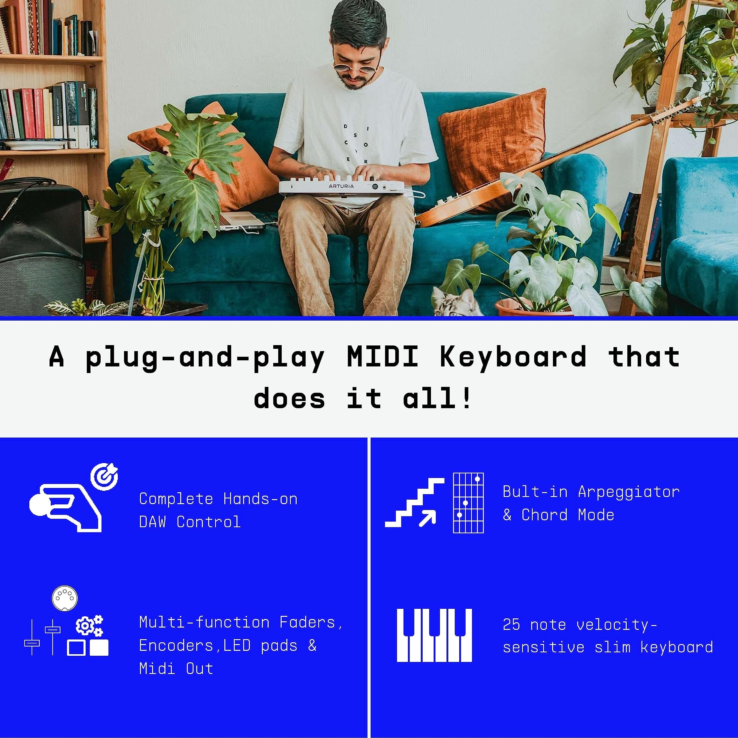 Arturia MiniLab 3, 25 Slim-Key USB-C Midi Controller with 5-Year Warranty, 8 Backlit LED Pads, 8 Knobs, 4 Faders, Midi Out, Built-in Arpeggiator, Chord mode and Software Bundle