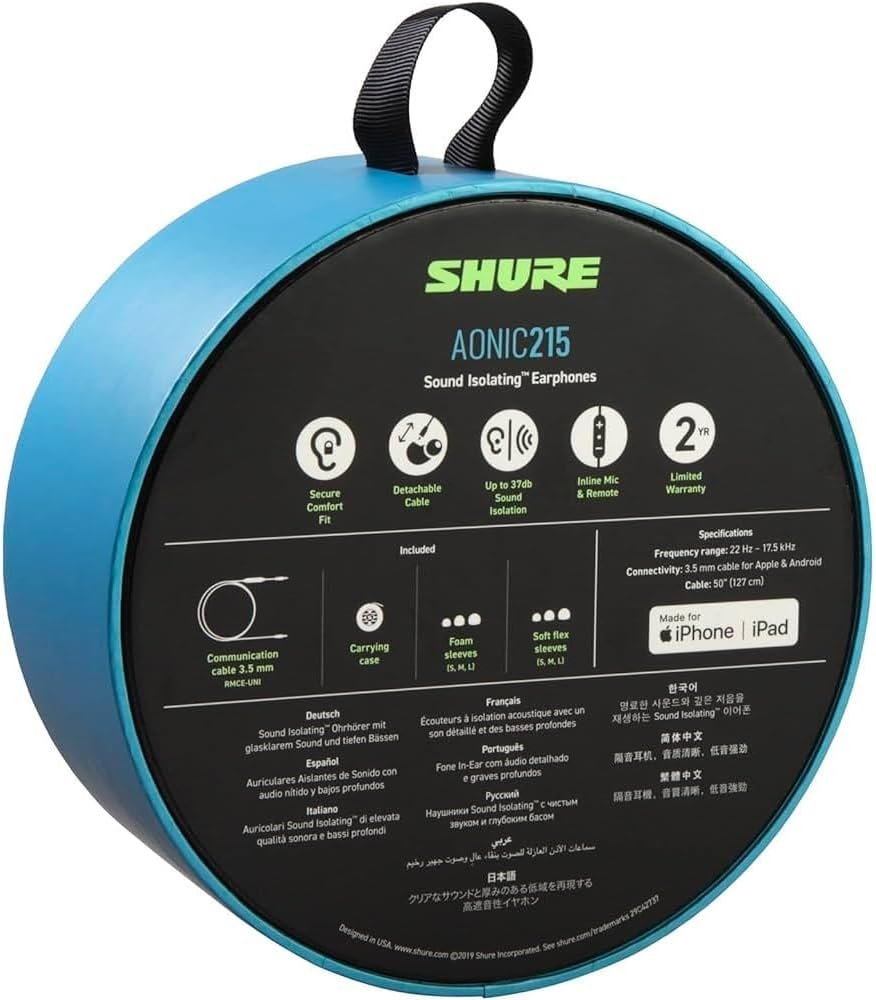 Shure AONIC 215 Wired Earbuds – Sound-Isolating In-Ear, Detachable Cable, Compatible with Apple & Android