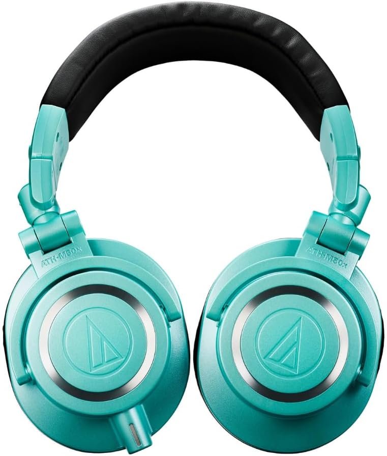 Audio Technica ATH-M50X Professional Studio Monitor Headphones Ice Blue Bundle w/Pig hog 25’ Extension Cable & Liquid Polishing Cloth with Detachable Cable