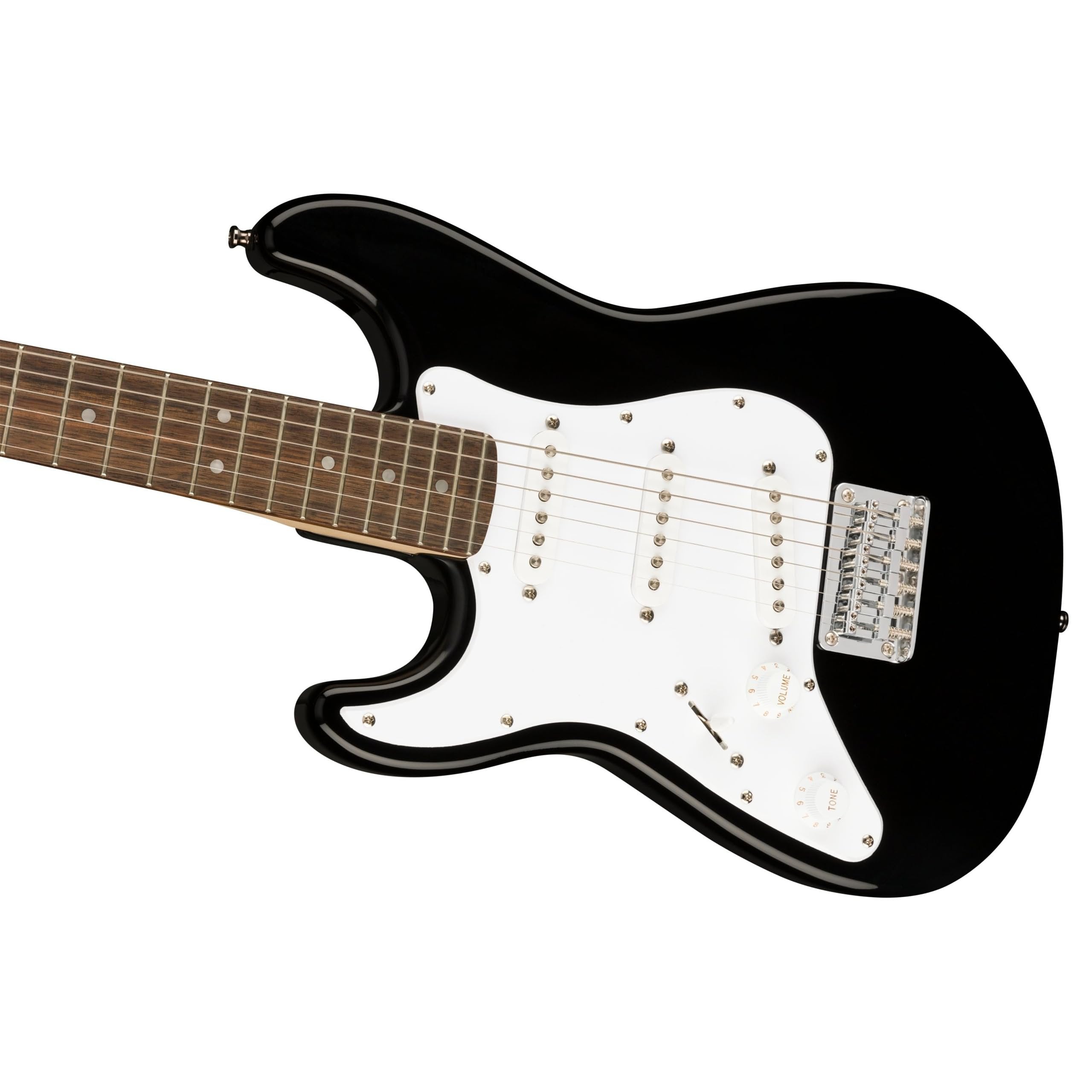 Squier Mini Stratocaster Left-Handed Electric Guitar Black Bundle with 12 Guitar Picks & Polishing Cloth – Laurel Fingerboard, 3/4-Size Body, Hardtail Bridge, Classic Strat Tone & Playability