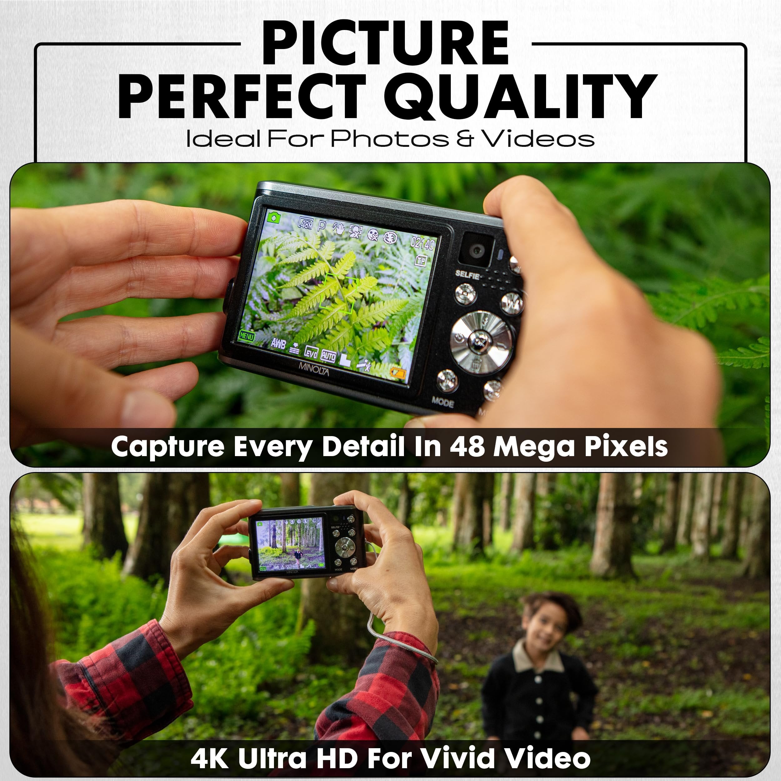 Minolta 48 Mega Pixels Point & Shoot Digital Camera with Rear Selfie Lens, Autofocus & 4K Ultra HD Video