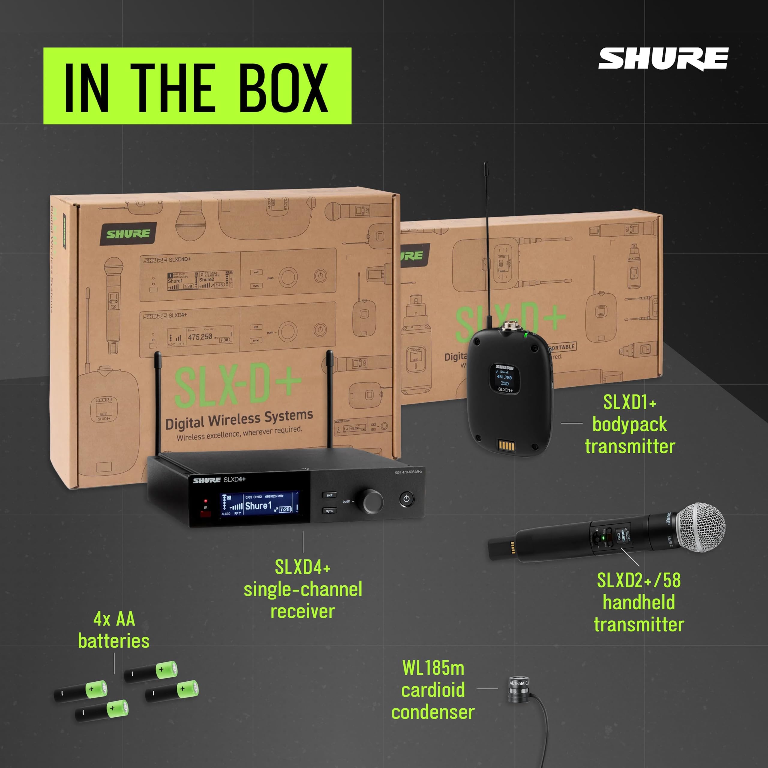 Shure SLXD124+/85M Digital 1-Channel Wireless Combo System - Includes SLXD4+ Receiver, SLXD2+ Handheld with SM58, SLXD1+ Bodypack with WL185M Lavalier, Bluetooth Control, Feedback Reduction, G57 Band