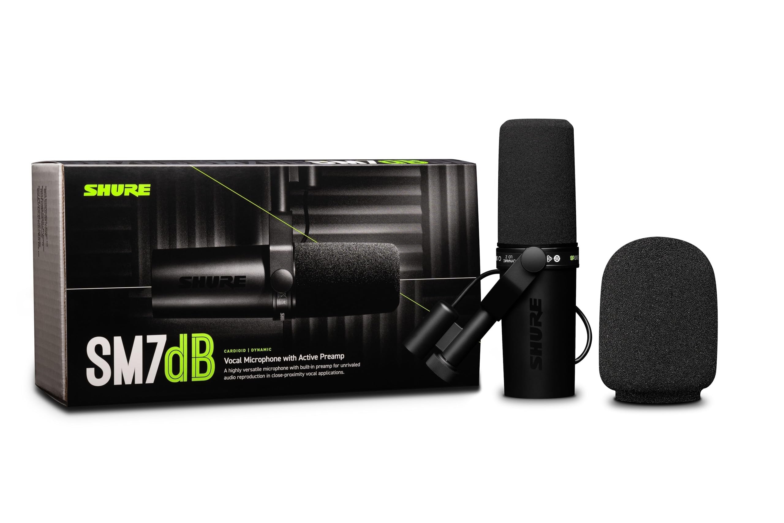 Shure SM7dB Dynamic Vocal Microphone w/Built-in Preamp for Streaming, Podcast, & Recording, Wide-Range Frequency, Warm & Smooth Sound, Rugged Construction, Detachable Windscreen - Black
