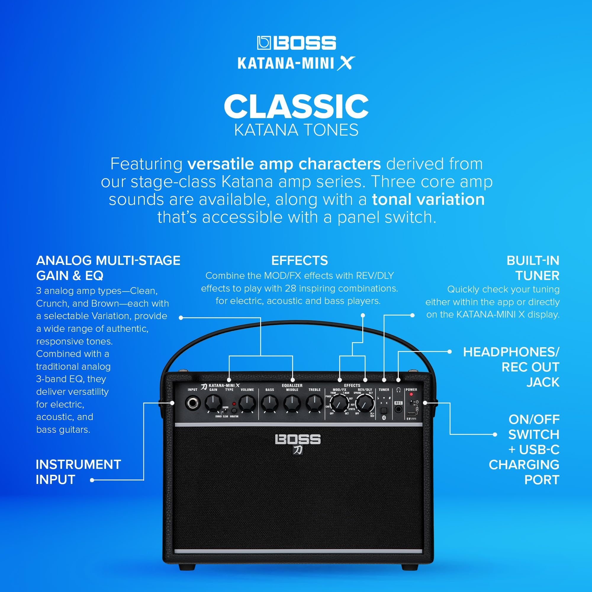 BOSS Katana-Mini X | Powerful 10-Watt Mini Amplifier for Electric, Acoustic & Bass | Tube Logic Design | Custom 5” Speaker | Versatile Sounds & Dual Effects | Bluetooth | Built-in Rechargeable Battery