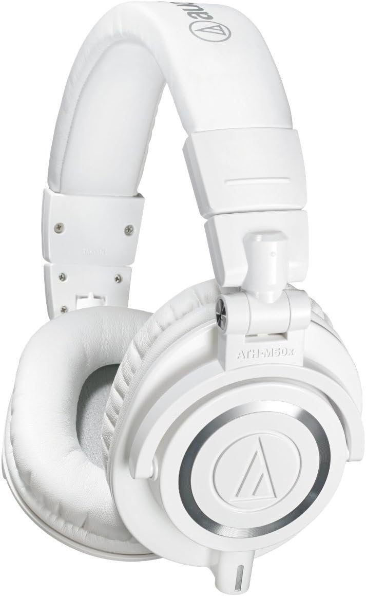 Audio Technica ATH-M50X White Professional Studio Monitor Headphones Wired Bundle with 3 Detachable Cables, 25ft Headphone Extension Cable, Adapter, Pouch and Instrument Polishing Cloth