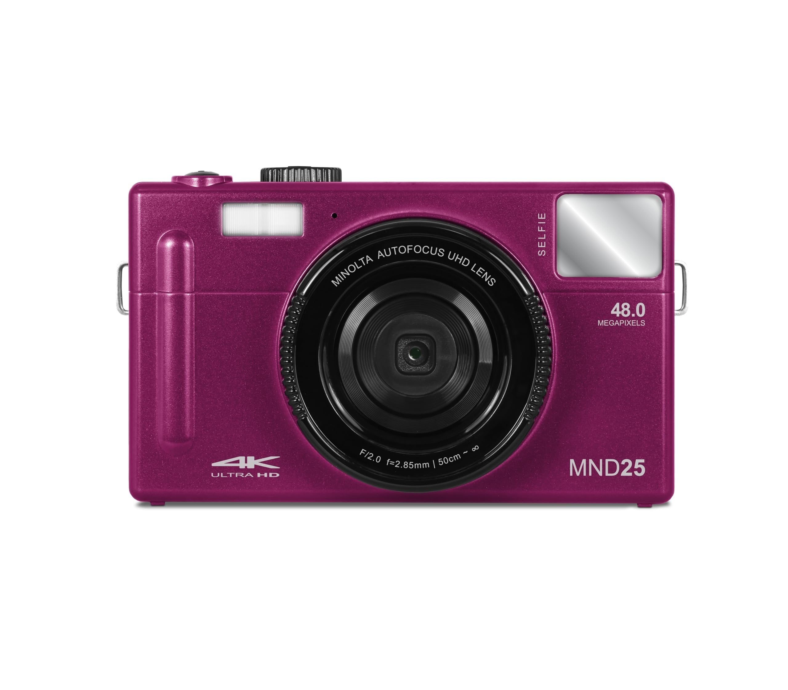 Minolta 48MP Autofocus Digital Camera with Selfie Mirror – 4K Ultra HD Video, 16x Digital Zoom, 3.0” LCD, Face Detection, Smile Capture, Scene Modes, Rechargeable Battery, Memory Card (Magenta)