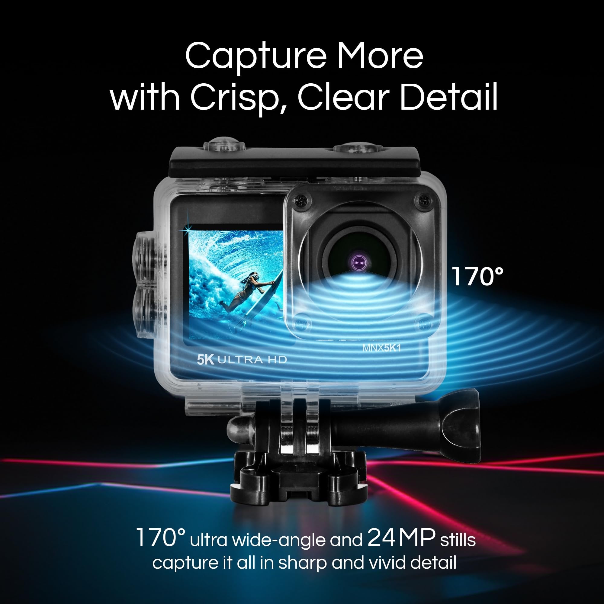 Minolta Action Camera – 5K Ultra HD at 30fps, 24MP Photos, 170° Wide-Angle Lens, Dual LCD Screens, Waterproof Case to 100ft, Wi-Fi Control, Sports Cam Kit (Black)