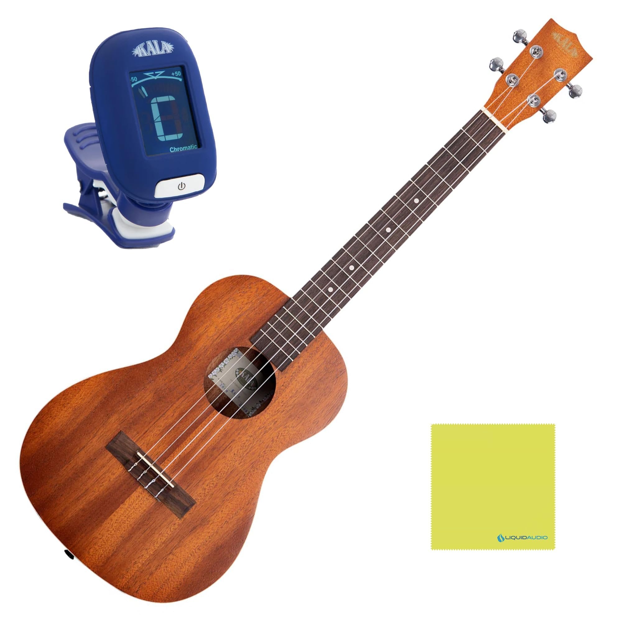 Kala KA-B Mahogany Baritone Ukulele Bundle with KALA Klipz Blue Clip-On Tuner & Polishing Cloth – All-Mahogany Construction, Warm Tone, Chrome Die-Cast Tuners, Ideal for Beginners & Pros