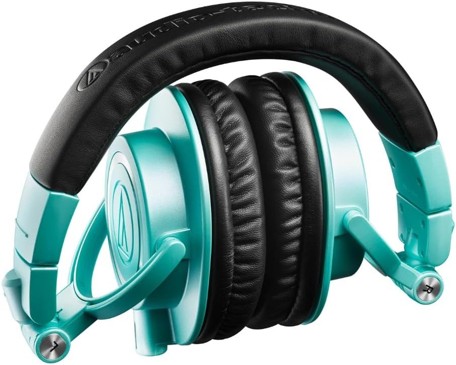 Audio Technica ATH-M50X Professional Studio Monitor Headphones Ice Blue Bundle w/Pig hog 25’ Extension Cable & Liquid Polishing Cloth with Detachable Cable