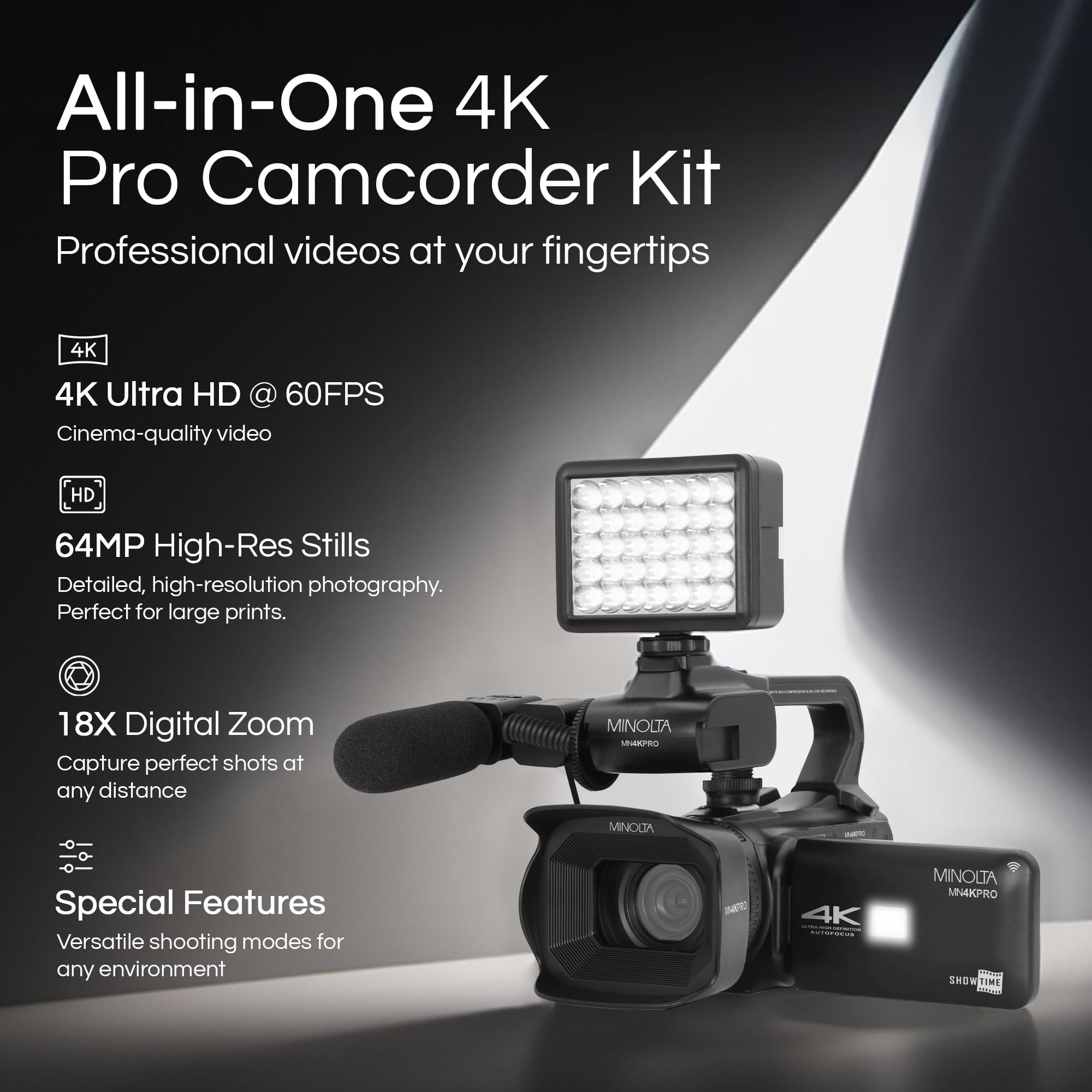 Minolta 64MP Autofocus Video Camera with Microphone & Video Light, 4" Touchscreen, 4K Ultra HD Video, 18x Digital Zoom, WiFi, Stabilizer, 32GB Card, 3100mAh Battery, Carrying Bag (Black)