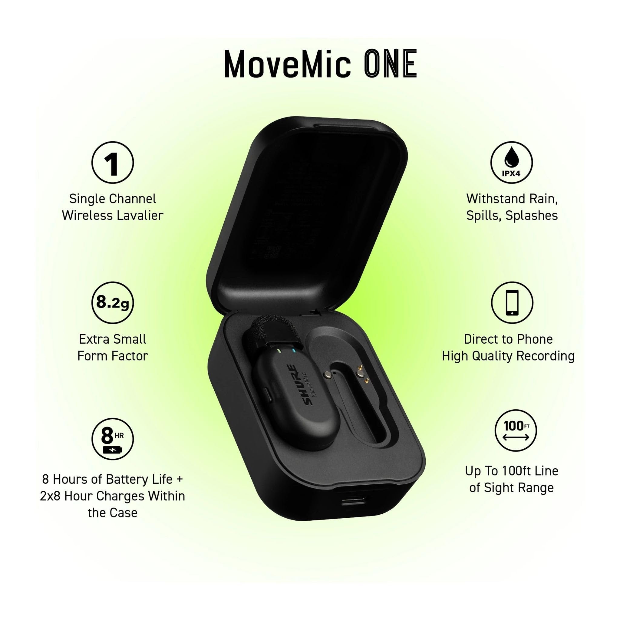 Shure MoveMic One - Pro Direct to Phone Wireless Lavalier Microphone for iPhone & Android, Bluetooth Mini Mic, 24 Hours Charge, Quick Set Up, IPX4, Compact & Portable Clip Lav (MV-ONE-Z7)