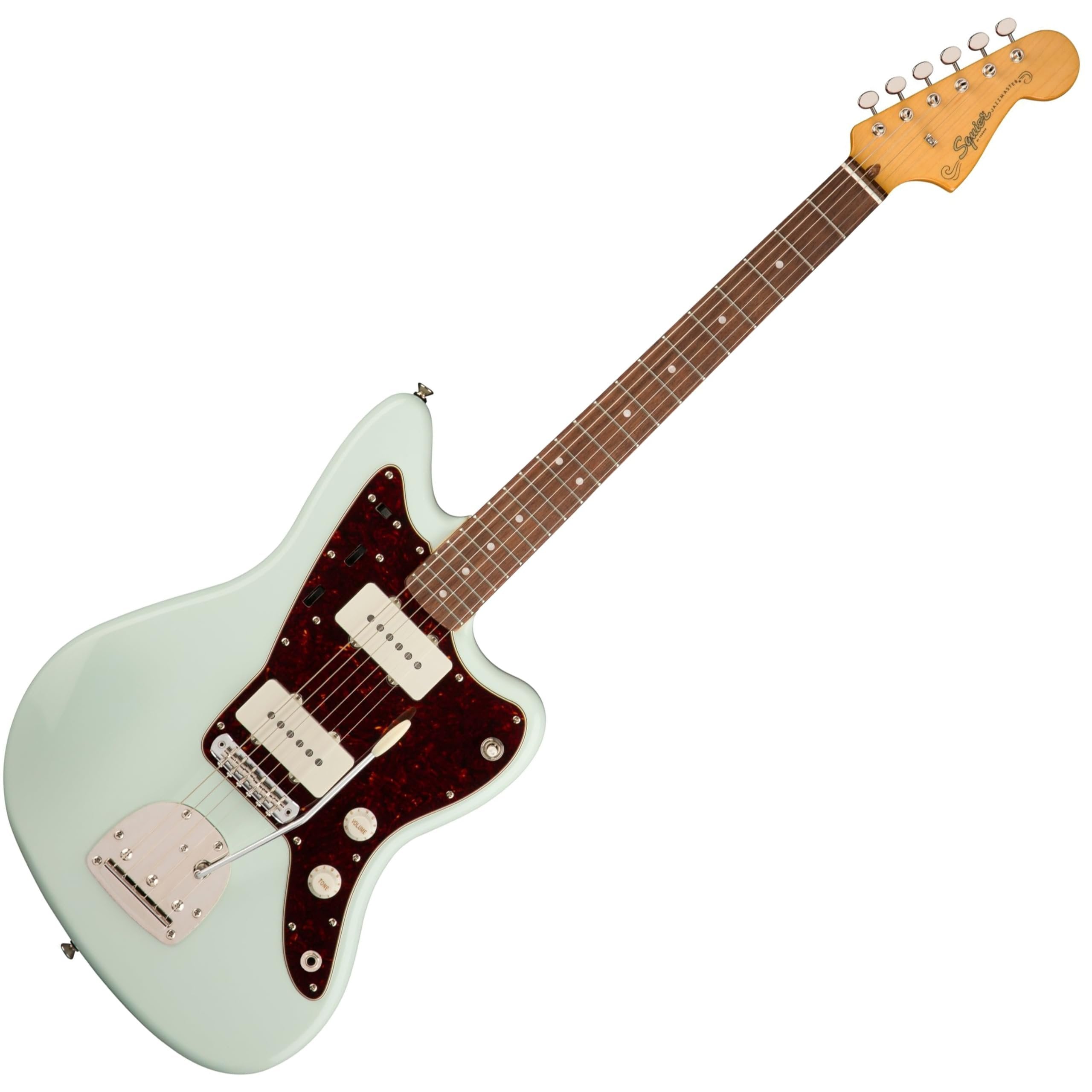 Squier Classic Vibe '60s Jazzmaster Electric Guitar Sonic Blue Bundle with 12x Guitar Picks & Polishing Cloth – Laurel Fingerboard, Vintage-Style Tremolo, Alnico Single-Coil Pickups