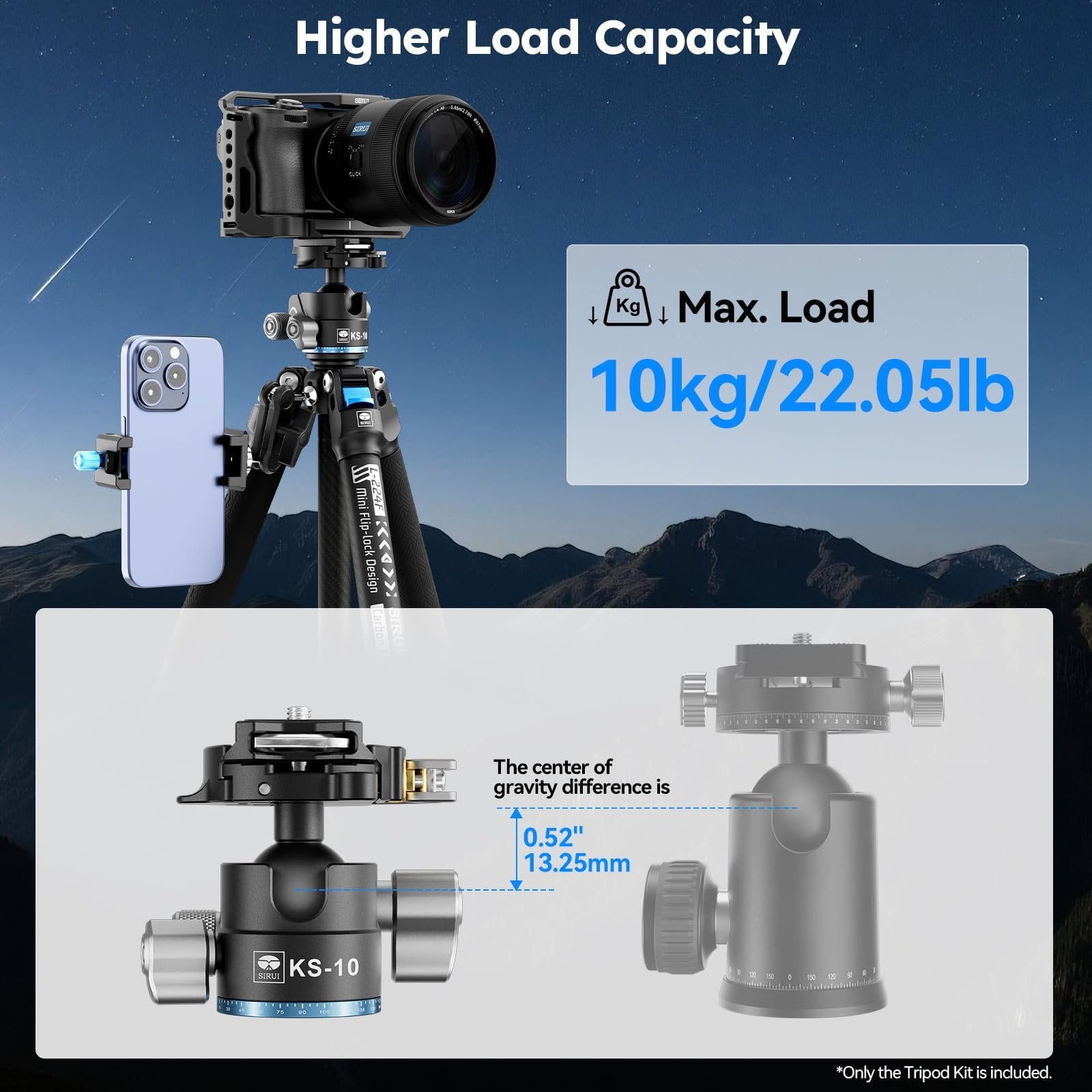 SIRUI Carbon Fiber Travel Tripod with Low Profile Ball Head, 58.6" Lightweight Compact Tripod for Cameras, Quick Mini Flip Locks, Reversible Center Column, Max Load 33lbs (L-224FL+KS-10)