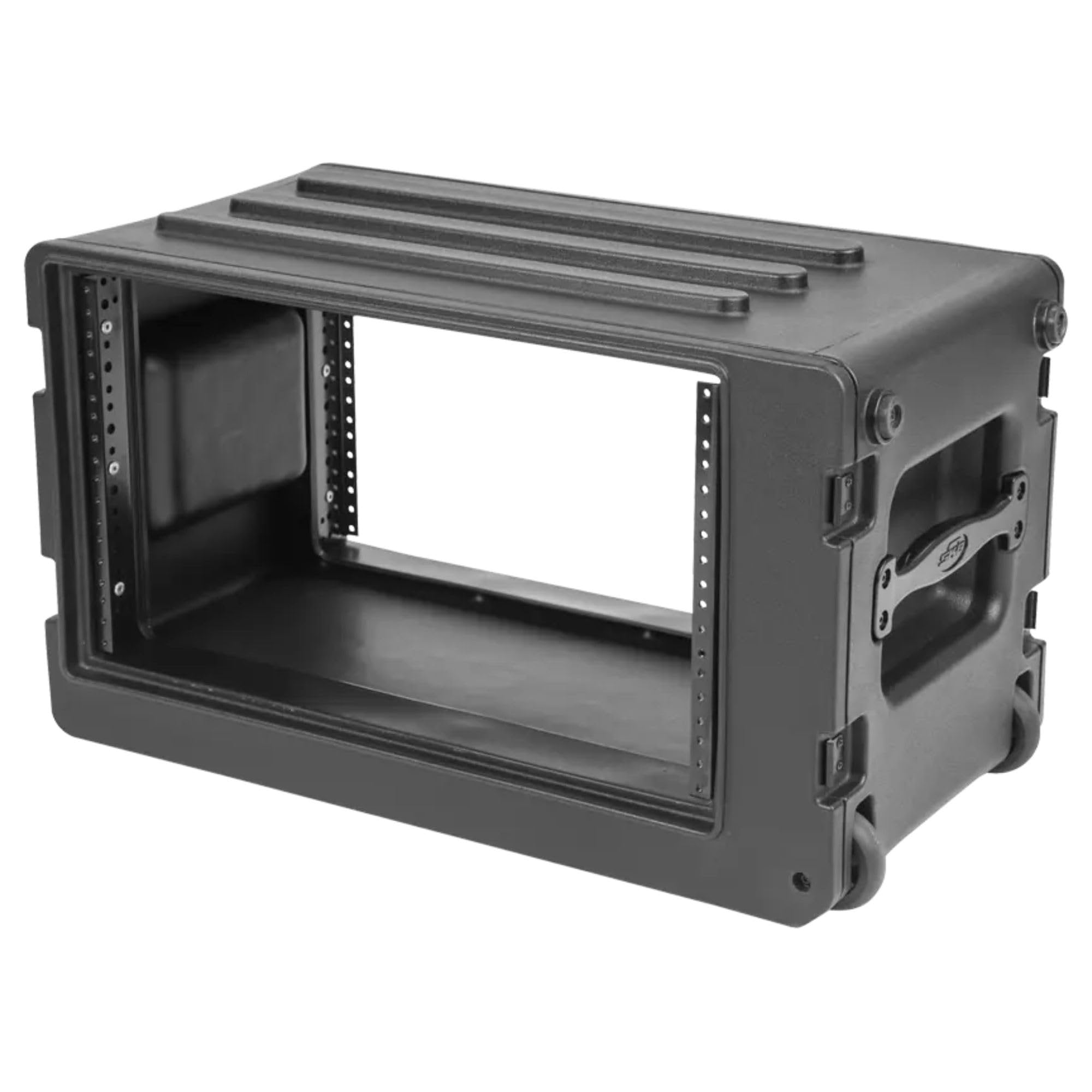 SKB 6U rSeries Shallow Rolling Rack with Integrated Back Wheels and 1-Touch Pull Handle, Comes with 8 Rack Units and Interlocking Molded Stacking Bars