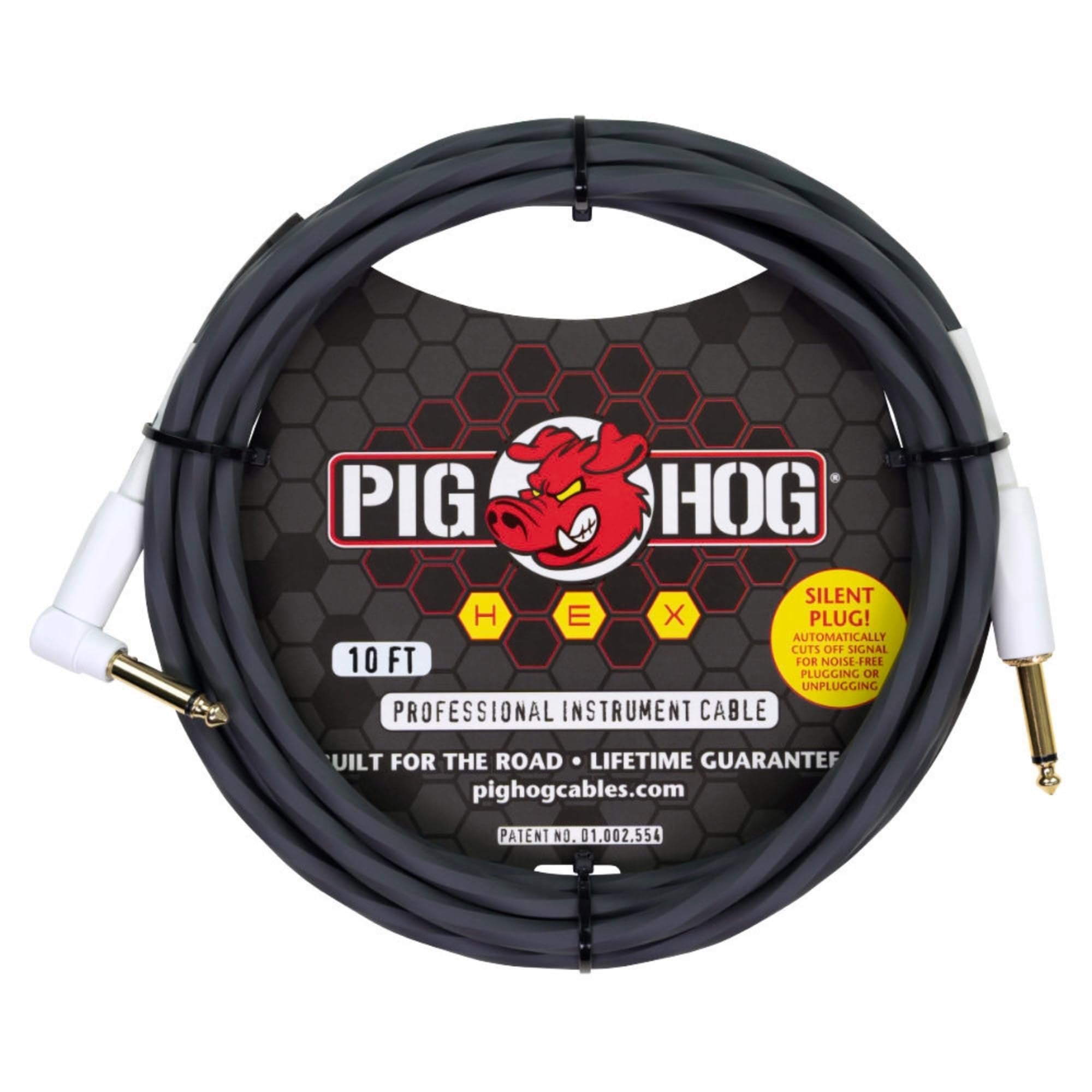 Pig Hog PHSH10GRR Hex Series Silent Instrument Cable, Grey, 10 Feet, 1/4" Straight to 1/4" Right Angle Connectors