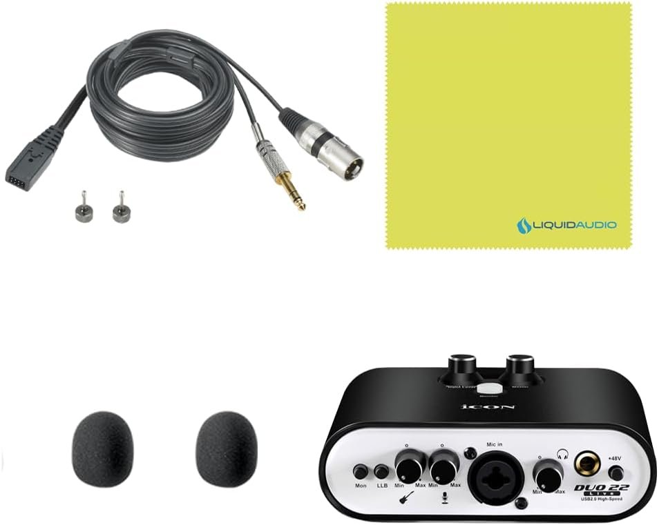 Liquid Audio Audio Technica BPHS1 Broadcast Stereo Headset with Dynamic Boom Mic Bundle with Icon Duo22 Live Audio Interface Polishing Cloth