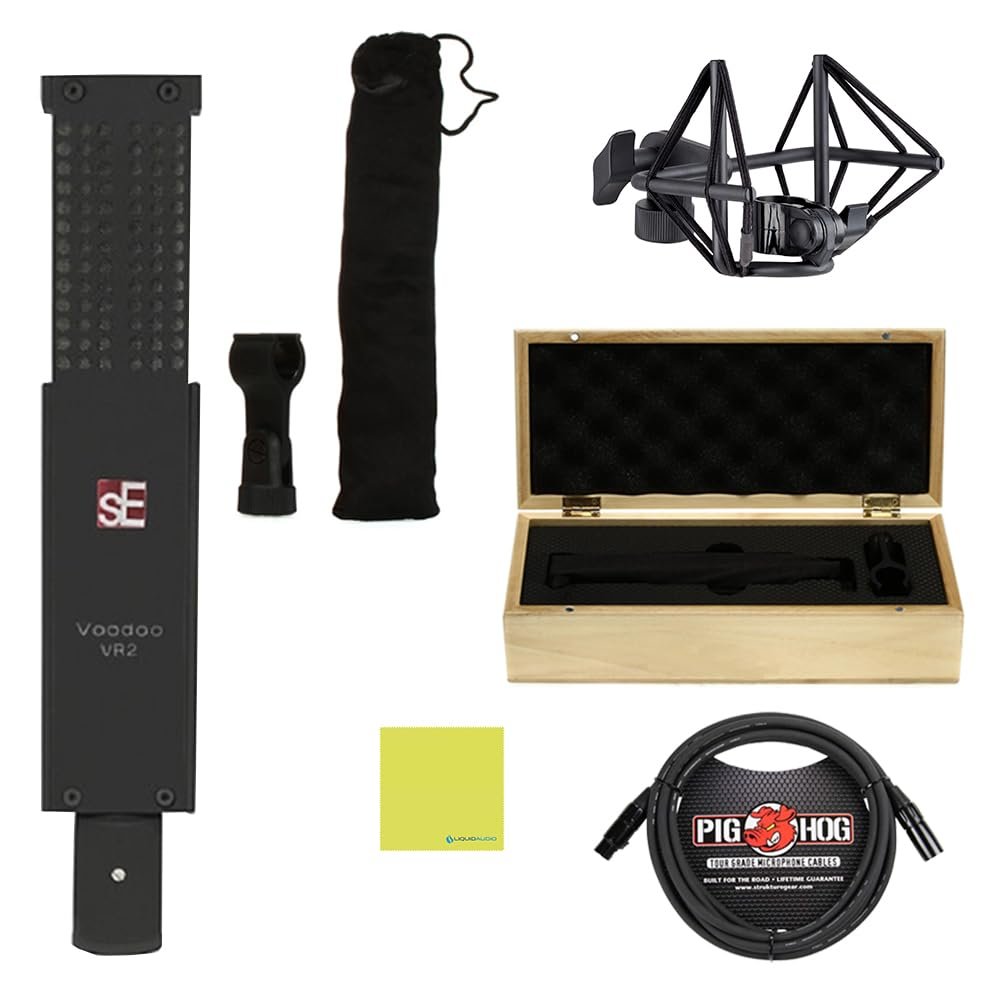 SE Electronics VR2 Voodoo Active Ribbon Microphone Bundle with 10ft Pig Hog XLR Mic Cable & Polishing Cloth – Includes Shockmount & Case, Ultra-High-Frequency Response, Smooth & Detailed Ribbon Tone