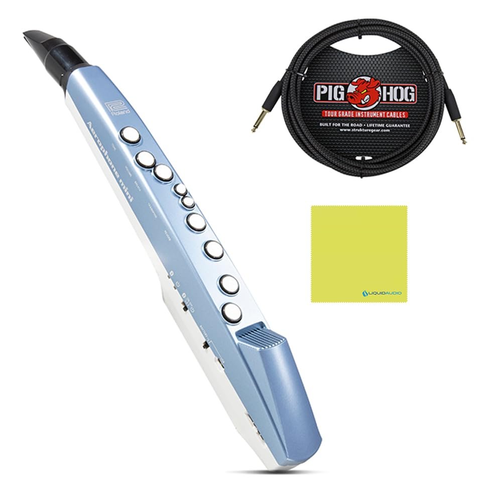 Roland AE-01 Aerophone Mini Digital Wind Instrument Blue Bundle with 10ft Pig Hog Black Woven Instrument Cable & Polishing Cloth – Compact Electronic Wind Controller with Built-In Sounds