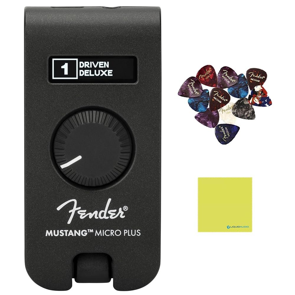 Fender Mustang Micro Plus Headphone Amplifier Bundle with 12x Guitar Picks and Instrument Polishing Cloth - Rechargeable Battery, Bluetooth Audio Streaming and 50 Amp and Effects Models