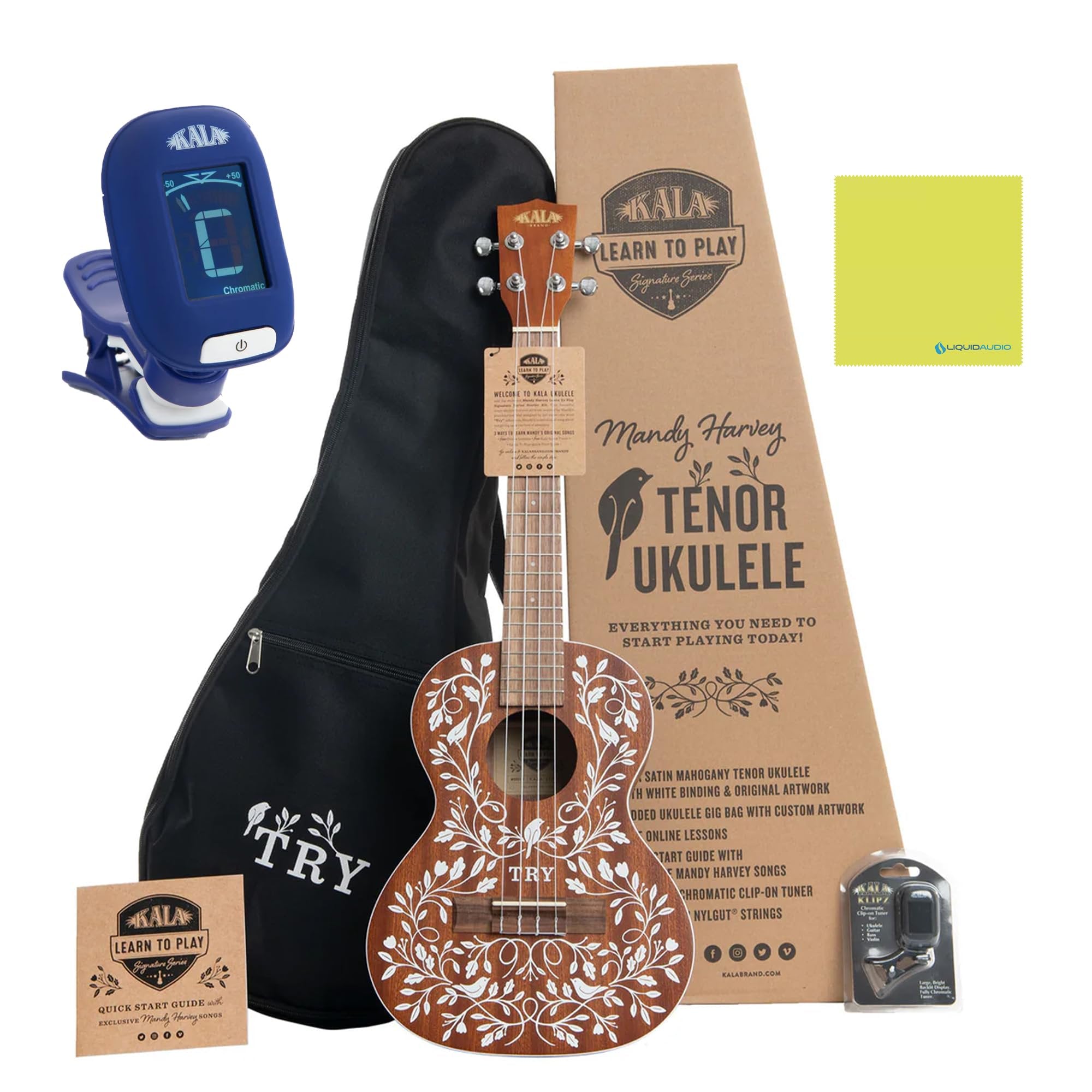 Kala Mandy Harvey Learn to Play Signature Tenor Ukulele Bundle with KALA Klipz Blue Clip-On Tuner & Polishing Cloth – Natural Finish, 4-String Tenor, Right-Handed, Model KALA-LTP-MH