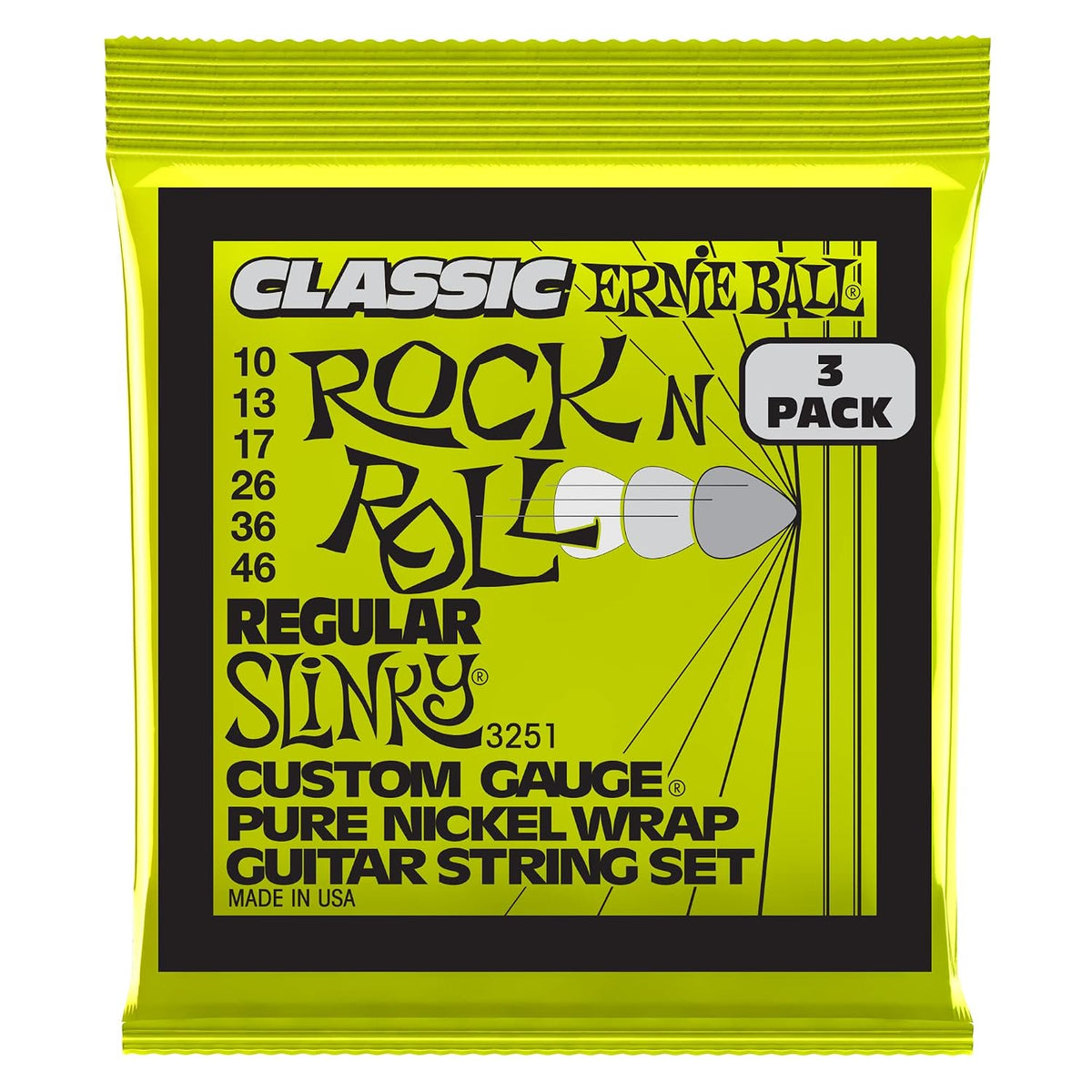 Ernie Ball Regular Slinky Classic Pure Nickel Electric Guitar Strings 3-pack, 10-46 Gauge (P03251)