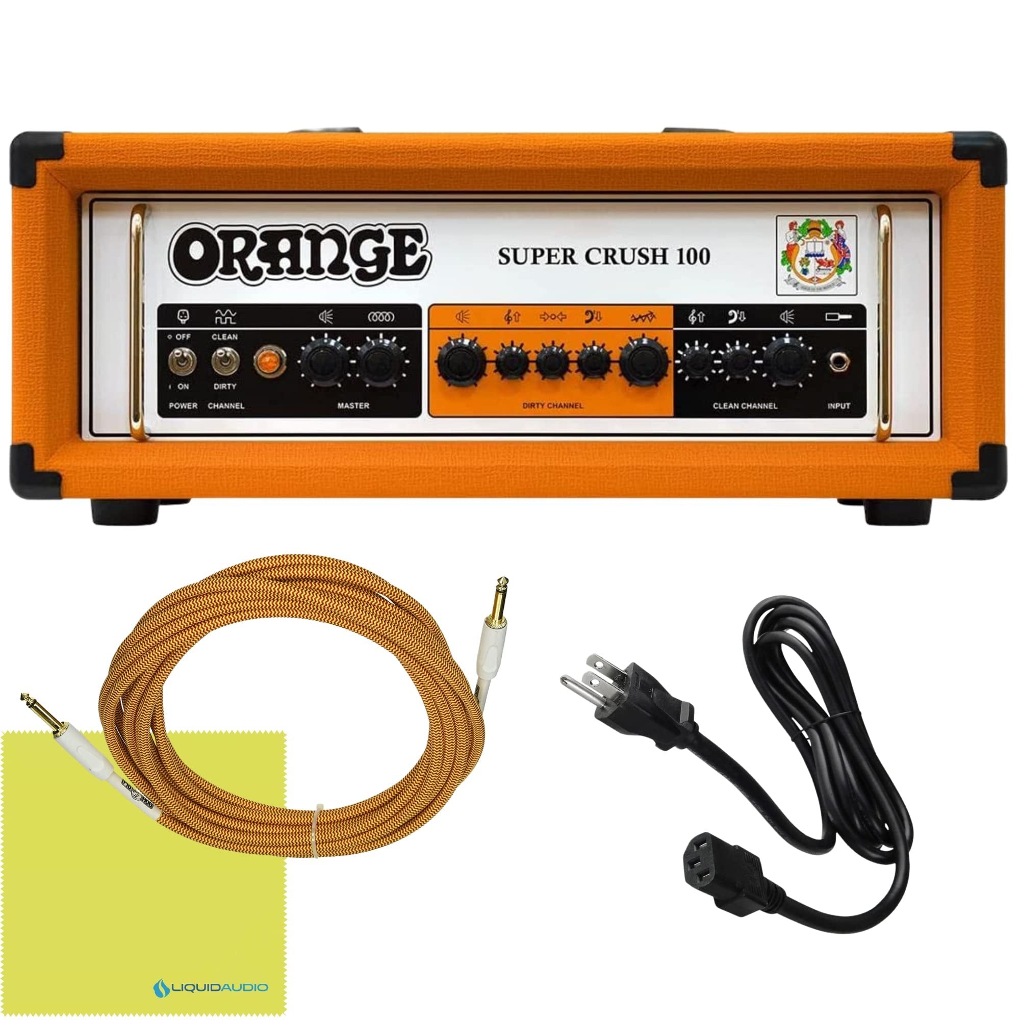 Orange SUPER-CRUSH-100-H Super Crush 100W Guitar Amplifier Head Bundle w/Pig Hog 10' Orange Creme 2.0 Guitar Bass Cable, Power Cable & Liquid Audio Polishing Cloth