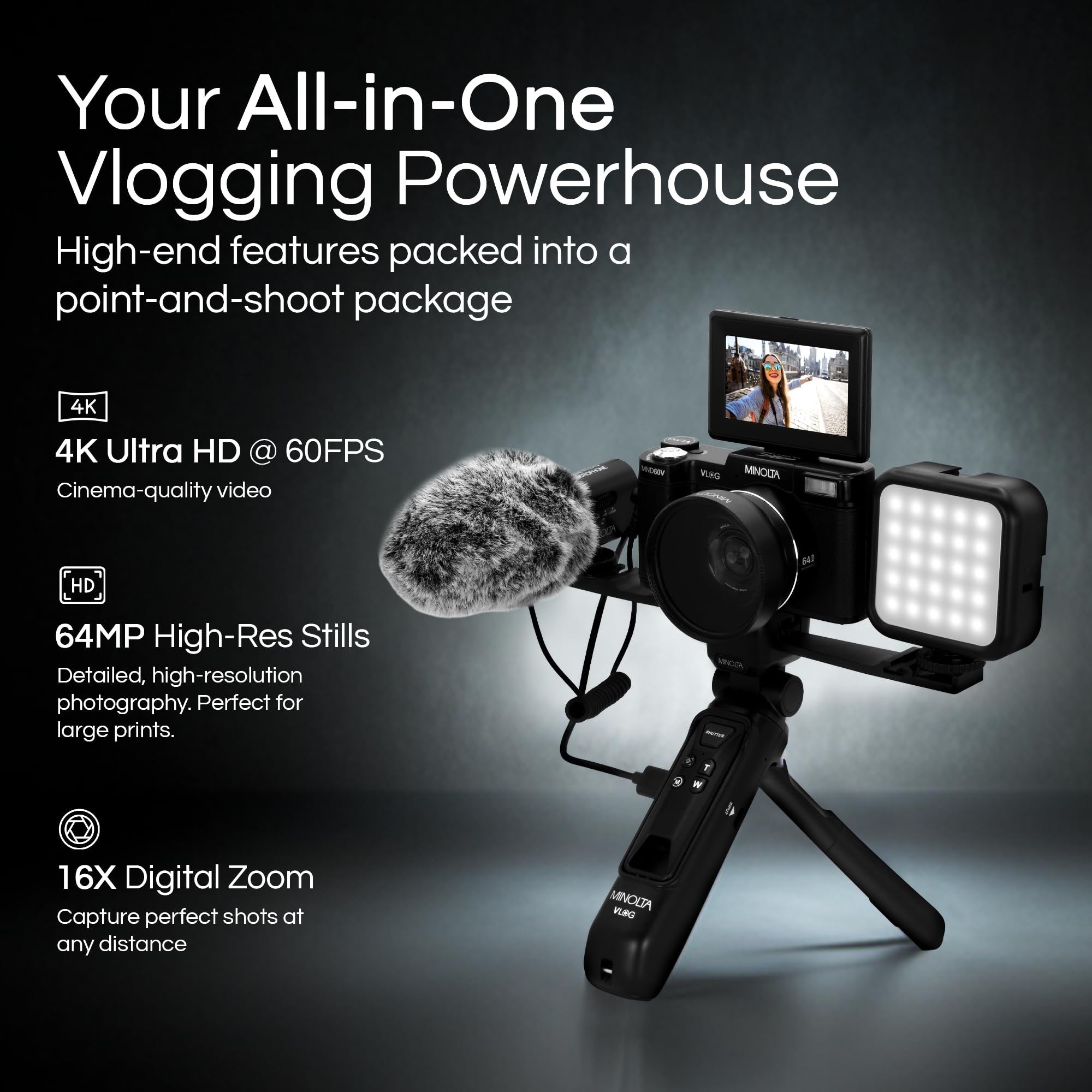 Minolta 64MP 4K60FPS VLOG Camera Kit – Digital Autofocus Camcorder with Tripod, Remote, Mic, LED Light, 3-inch LCD Screen, Time-Lapse, Slow Motion, Wide Angle Lens, 32GB Card, USB