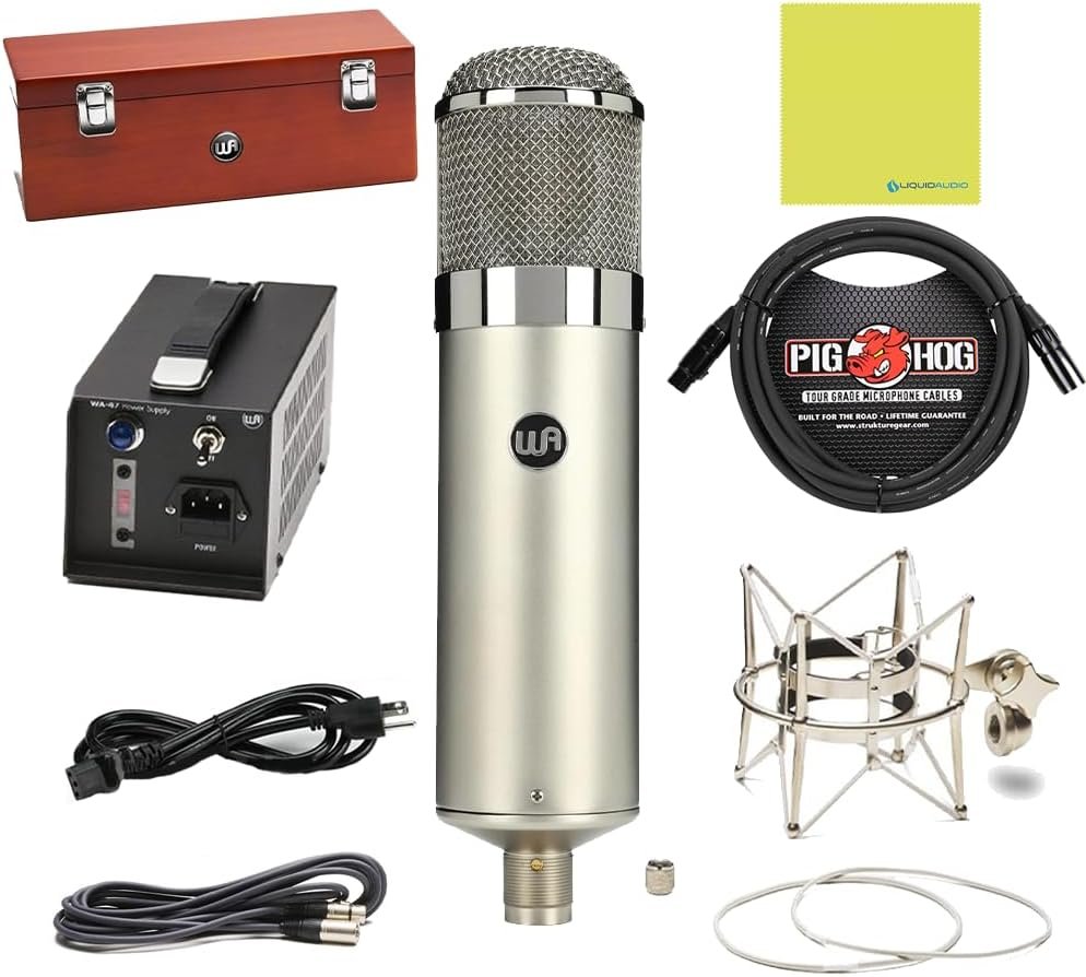 Liquid Audio Warm Audio WA-47 True '47 Style Capsule Tube Condenser Microphone Bundle w/Shock Mount, Pig Hog 8mm XLR Mic Cable Polishing Cloth