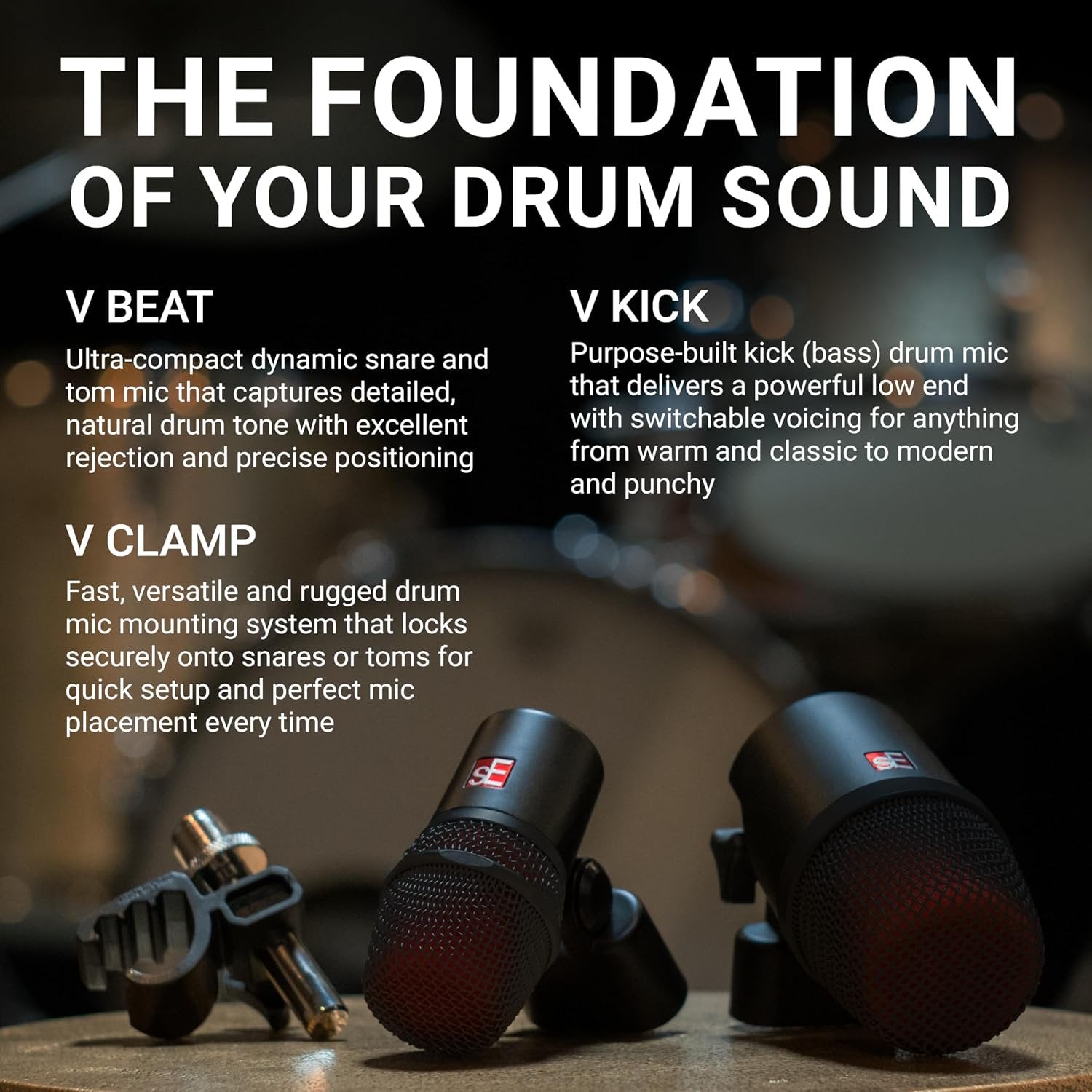 SE ELECTRONICS V Pack Arena Black Drum Mic Kit for Toms, Snares & Bass Drums - Includes 1 V Kick, 3 V Beats, 3 V Clamps, 1 V7 X Instrument Microphone, 2 sE8 Condensers & More