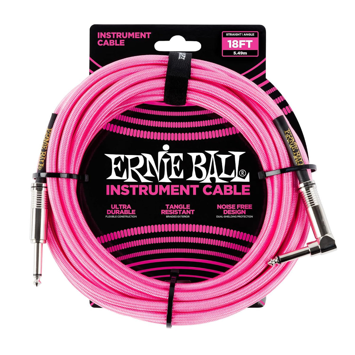 Ernie Ball Braided Instrument Cable, Straight/Angle, 18ft, Neon Pink (P06083)