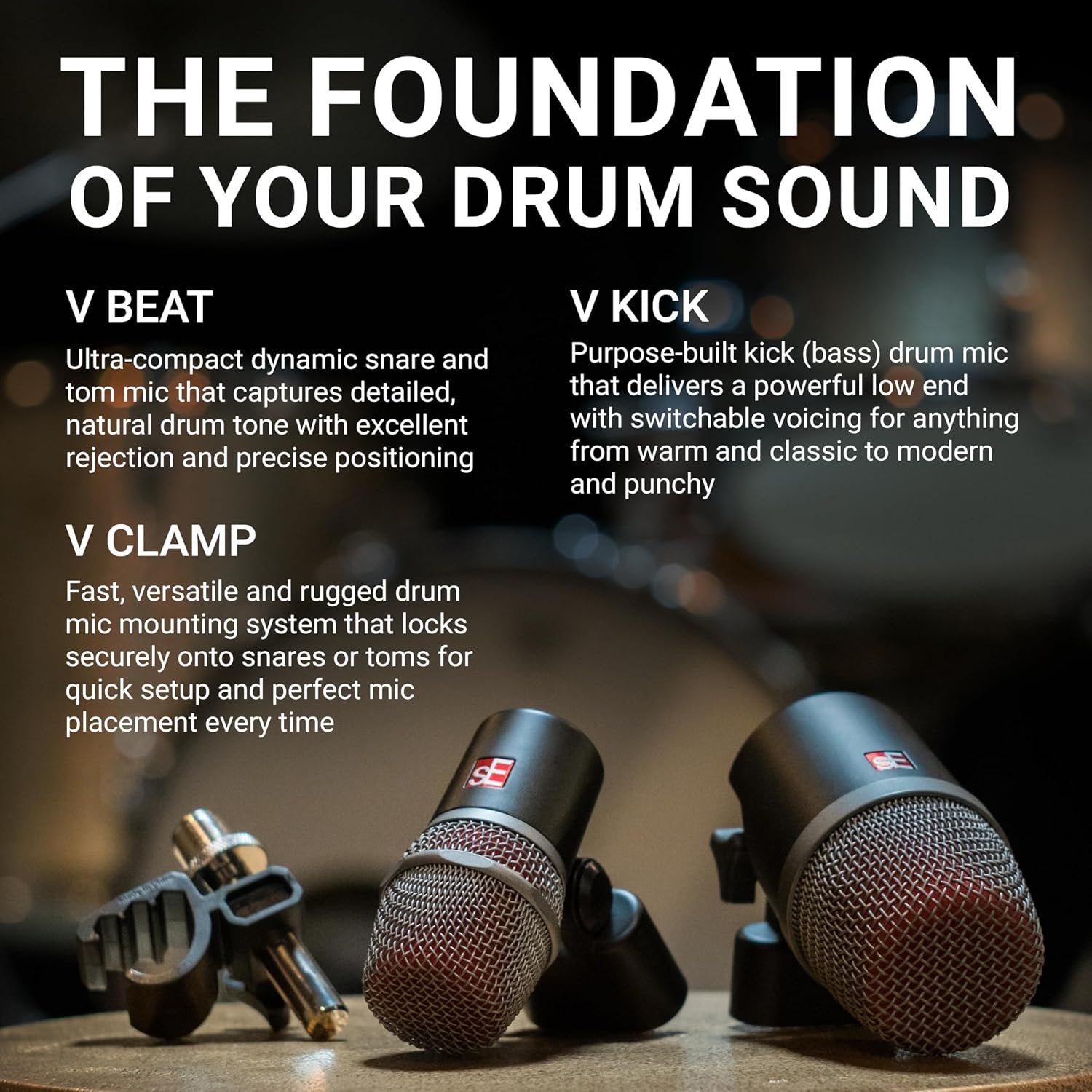 SE ELECTRONICS V Pack Venue Standard Drum Mic Kit for Toms, Snares & Bass Drums - Includes 1 V Kick, 2 V Beats, 2 V Clamps, 1 V7 X Instrument Microphone & More