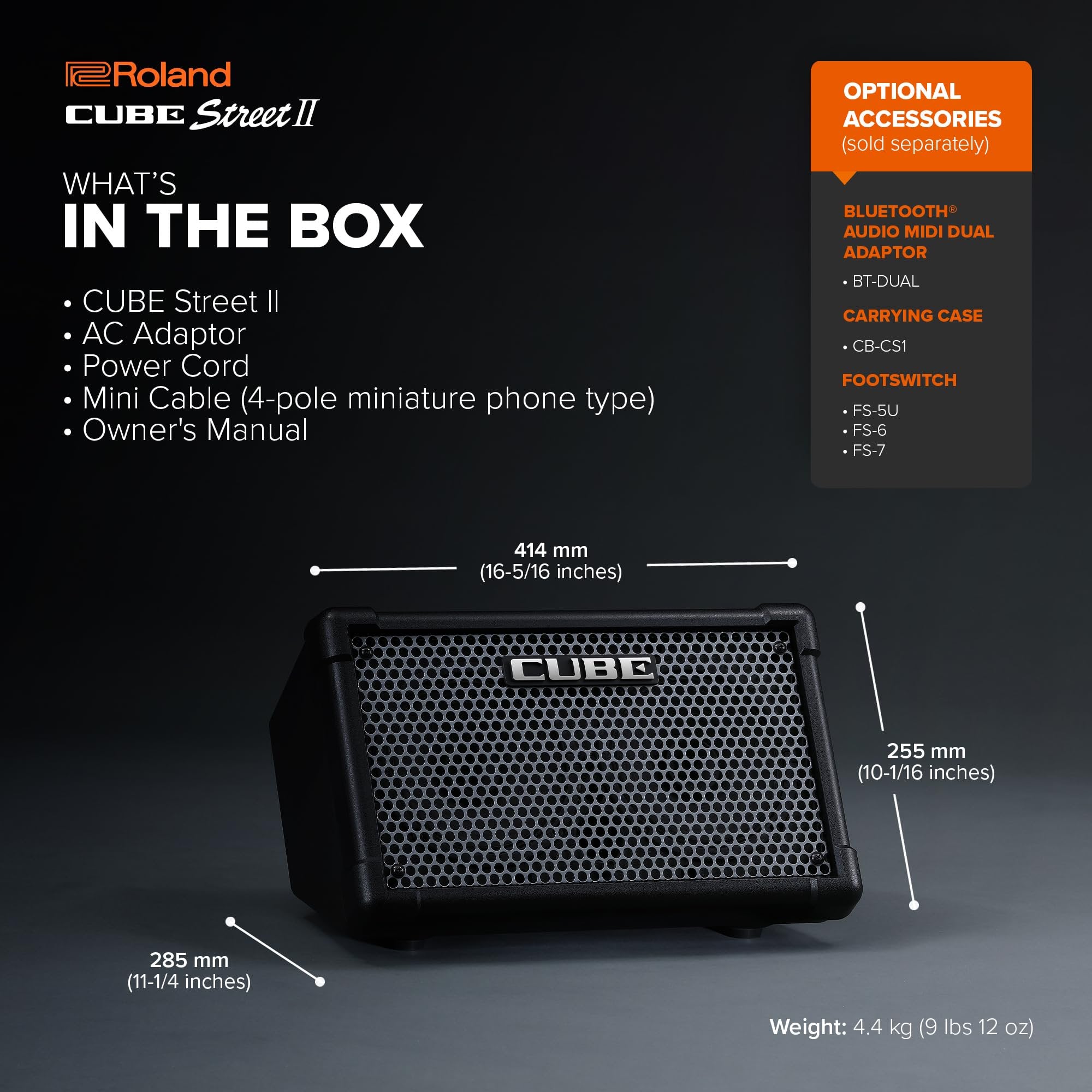 Roland Cube Street II | Portable Battery-Powered Stereo Amplifier Sound | Ideal for Street Performers | Supports Mics, Instruments & Audio Devices | Built-in Amps, FX & Looper | Black