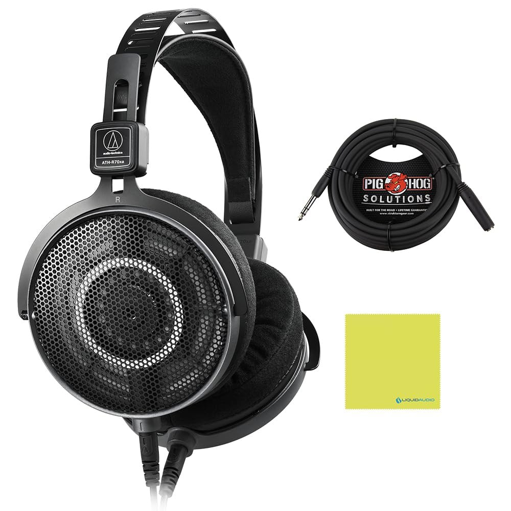 Audio-Technica ATH-R70xa Professional Open-Back Reference Headphones Bundle with 25ft Pig Hog Headphone Extension Cable (1/4") & Polishing Cloth – Studio Monitoring, Mixing & Critical Listening