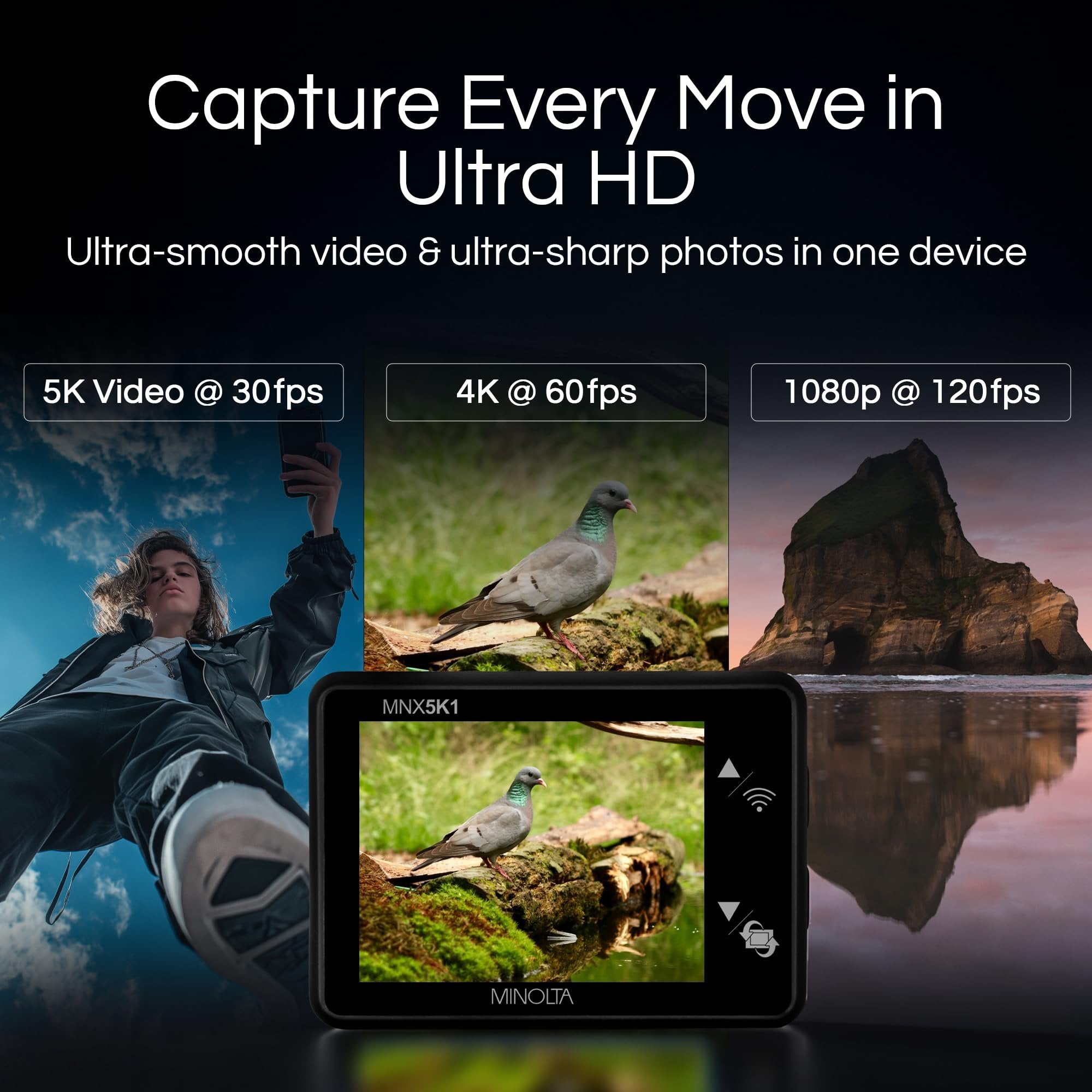 Minolta Action Camera – 5K Ultra HD at 30fps, 24MP Photos, 170° Wide-Angle Lens, Dual LCD Screens, Waterproof Case to 100ft, Wi-Fi Control, Sports Cam Kit (Black)