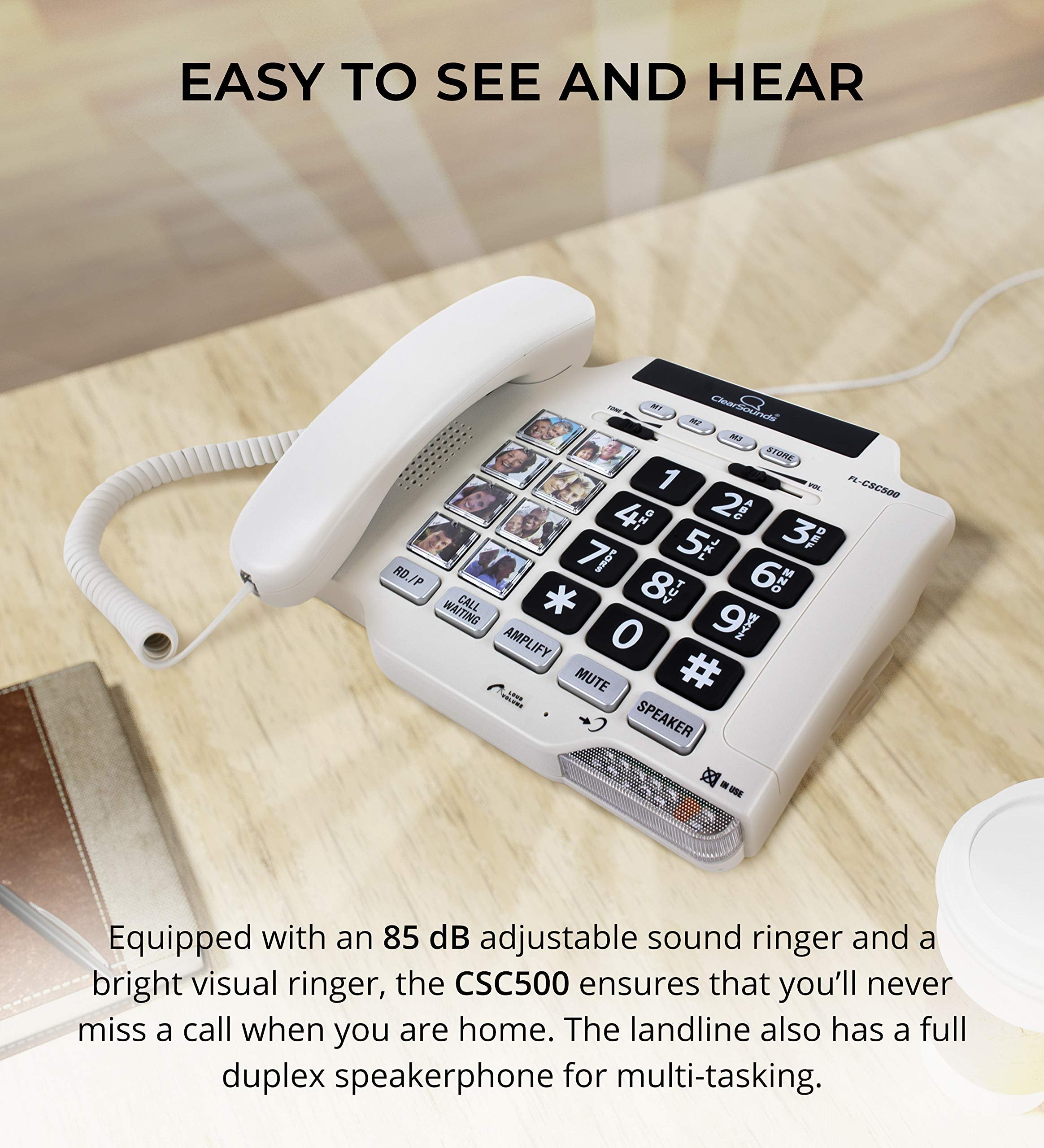 Clear Sounds CSC500 Amplified Landline Phone with Speakerphone and Photo Frame Buttons - Up to 30dB Amplification, T-Coil Hearing Aid Compatible