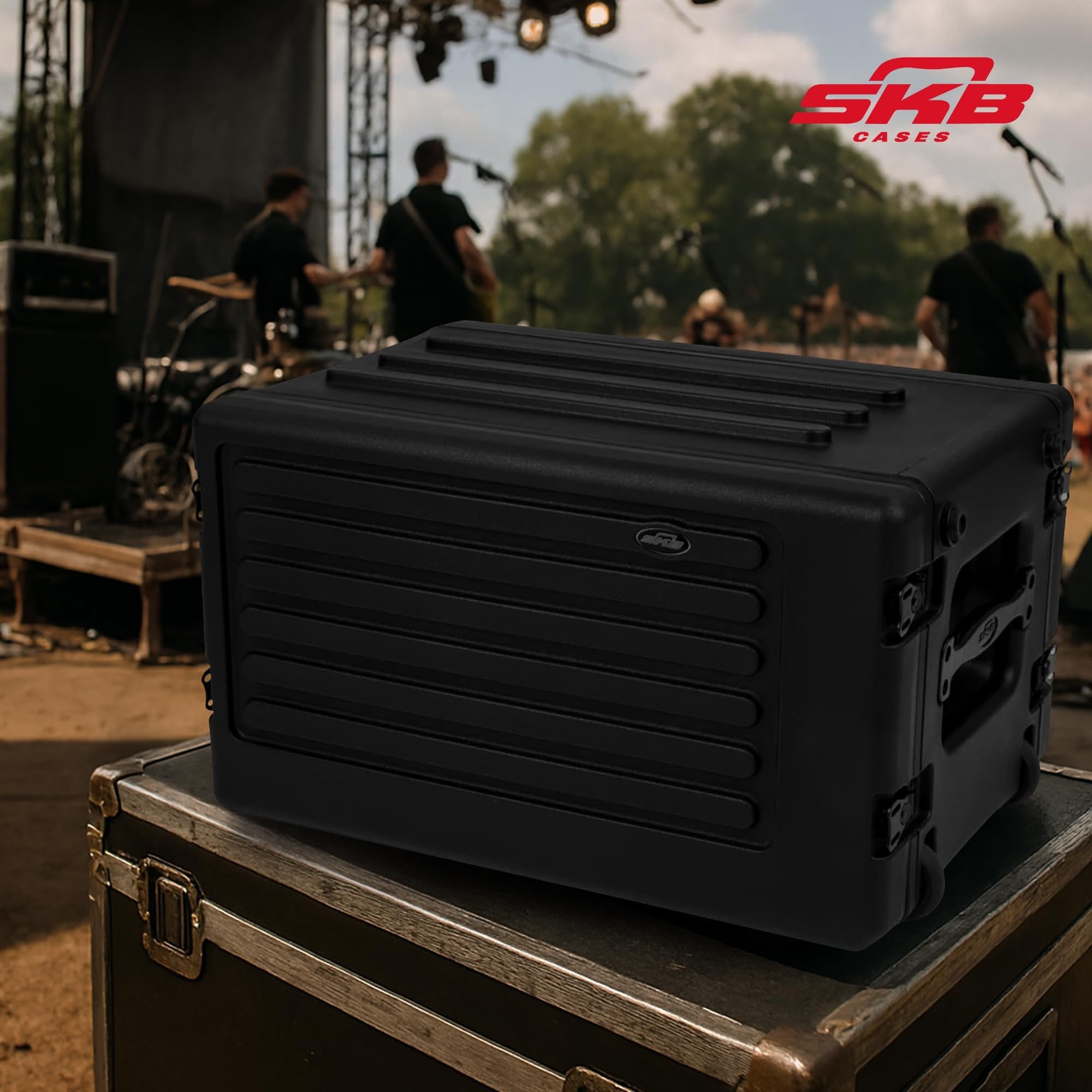 SKB 6U rSeries Shallow Rolling Rack with Integrated Back Wheels and 1-Touch Pull Handle, Comes with 8 Rack Units and Interlocking Molded Stacking Bars