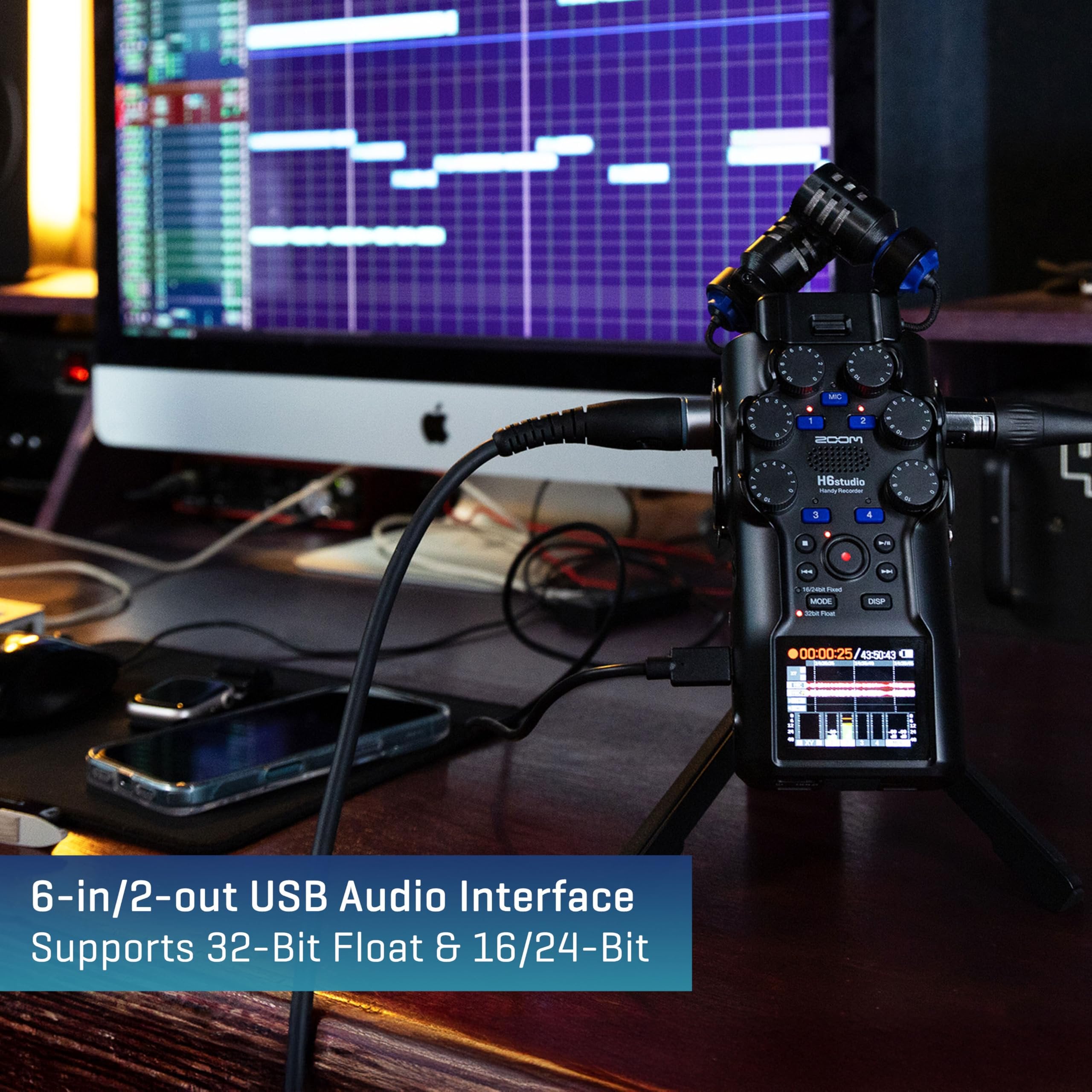 Zoom H6 studio Handheld Recorder for Musicians, Filmmakers & Podcasters with Large Stereo Microphones, 4 Pro Quality Preamps, 8 Tracks of Recording, 32-Bit Float, Gain Knobs, and USB Audio Interface