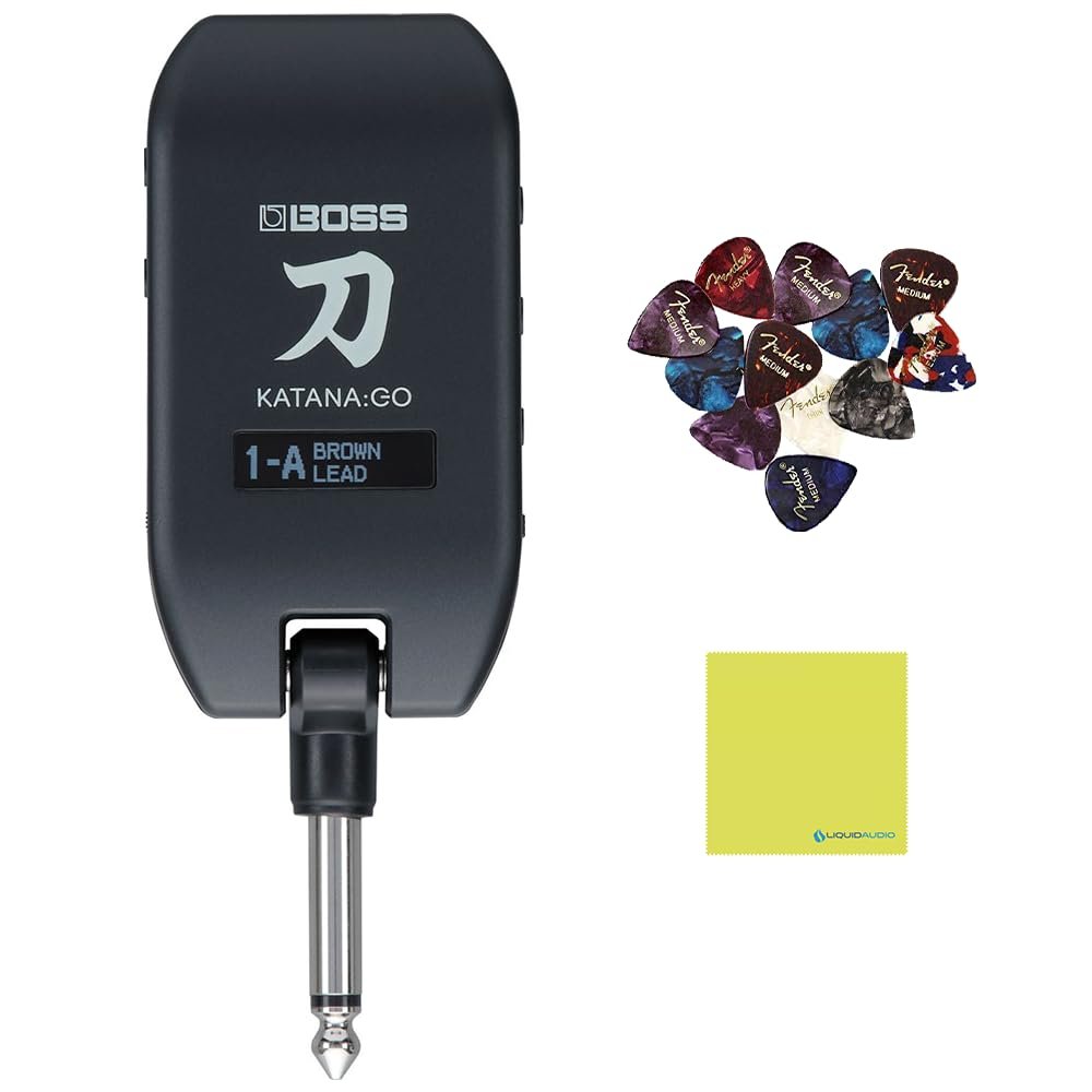 Boss Katana:Go Mini Guitar Headphone Amp Bundle with 12 Guitar Picks & Polishing Cloth – Portable Wireless Amp with Pro-Quality Tones, Effects & Bluetooth for Practice & Silent Jamming