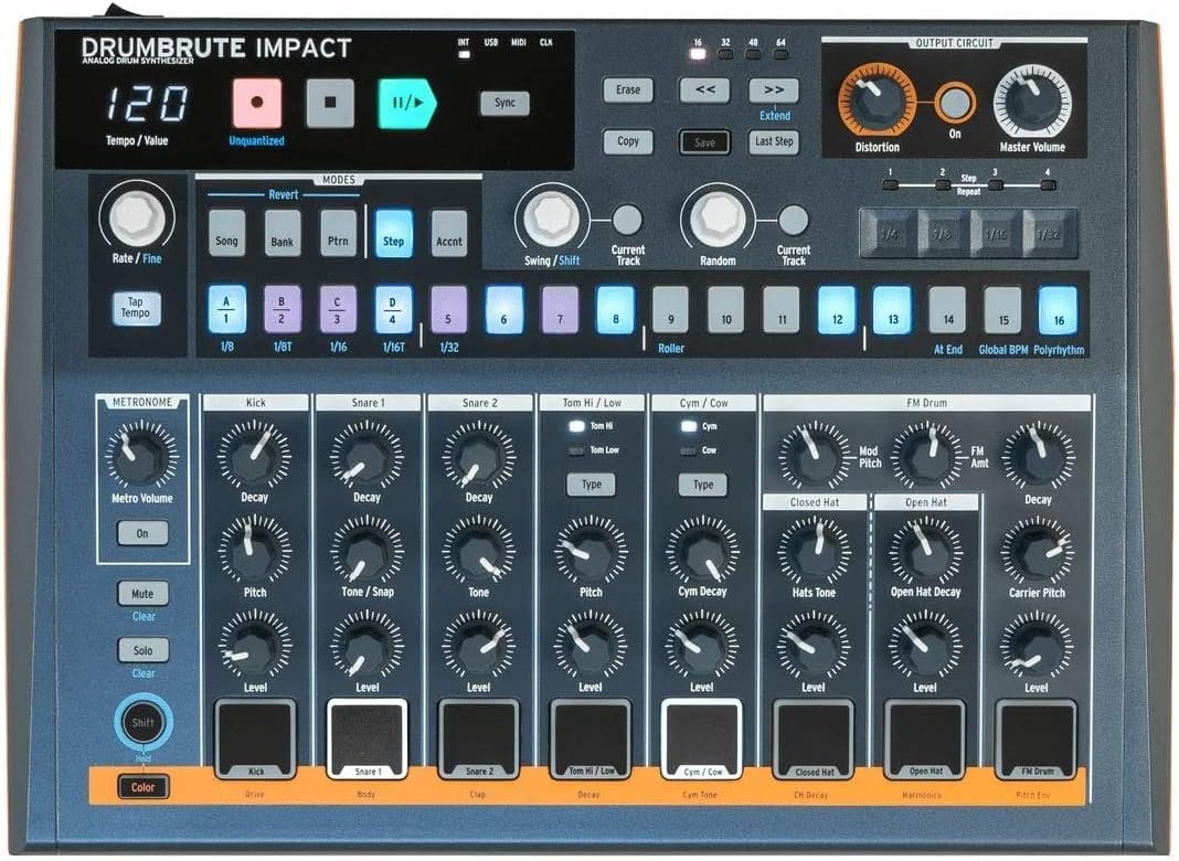 Arturia DrumBrute Impact Analog Drum Machine BUNDLE with 2x Pig Hog MIDI Cable 6ft, Power Supply, and Polishing Cloth - Beat Making Equipment with 10 Drum Sounds, 64 Patterns with 64 Steps