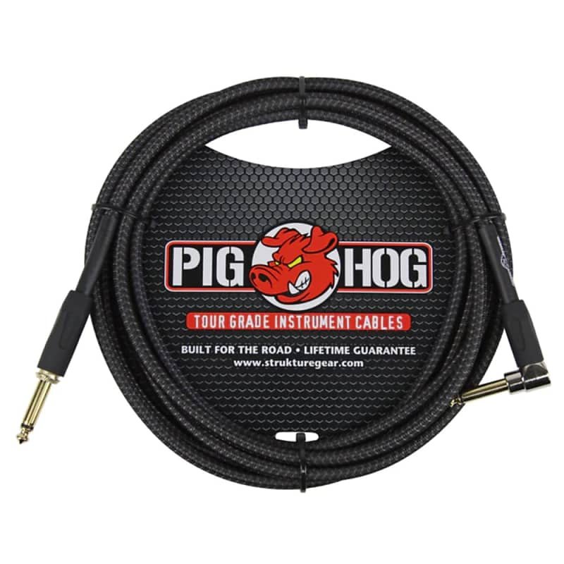Pig Hog PCH10BKR 1/4" Right-Angle to 1/4" Black Woven Guitar Instrument Cable, 10 Feet