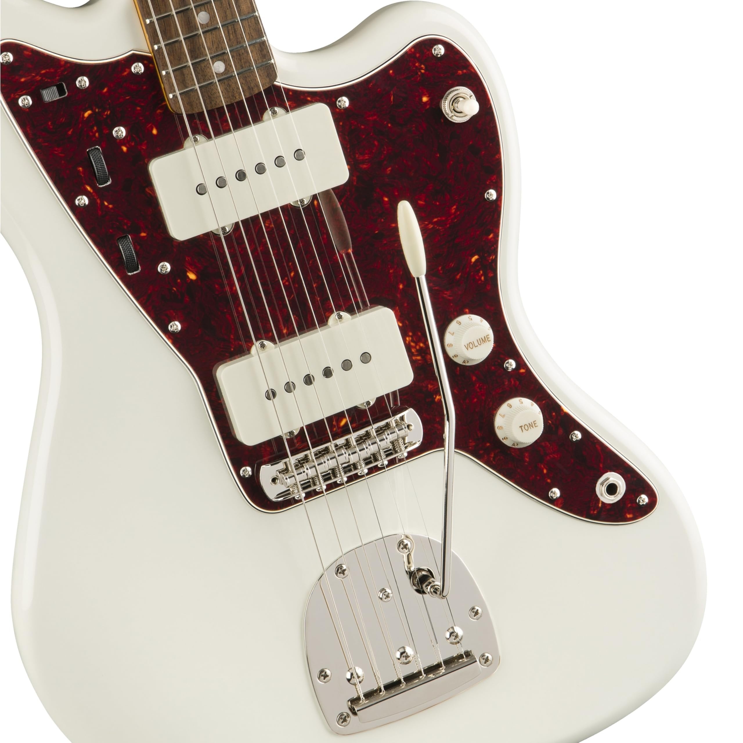 Squier Classic Vibe '60s Jazzmaster Electric Guitar Bundle with 12 Guitar Picks & Polishing Cloth – Olympic White, Laurel Fingerboard, Vintage-Style Tremolo, Alnico Single-Coil Pickups