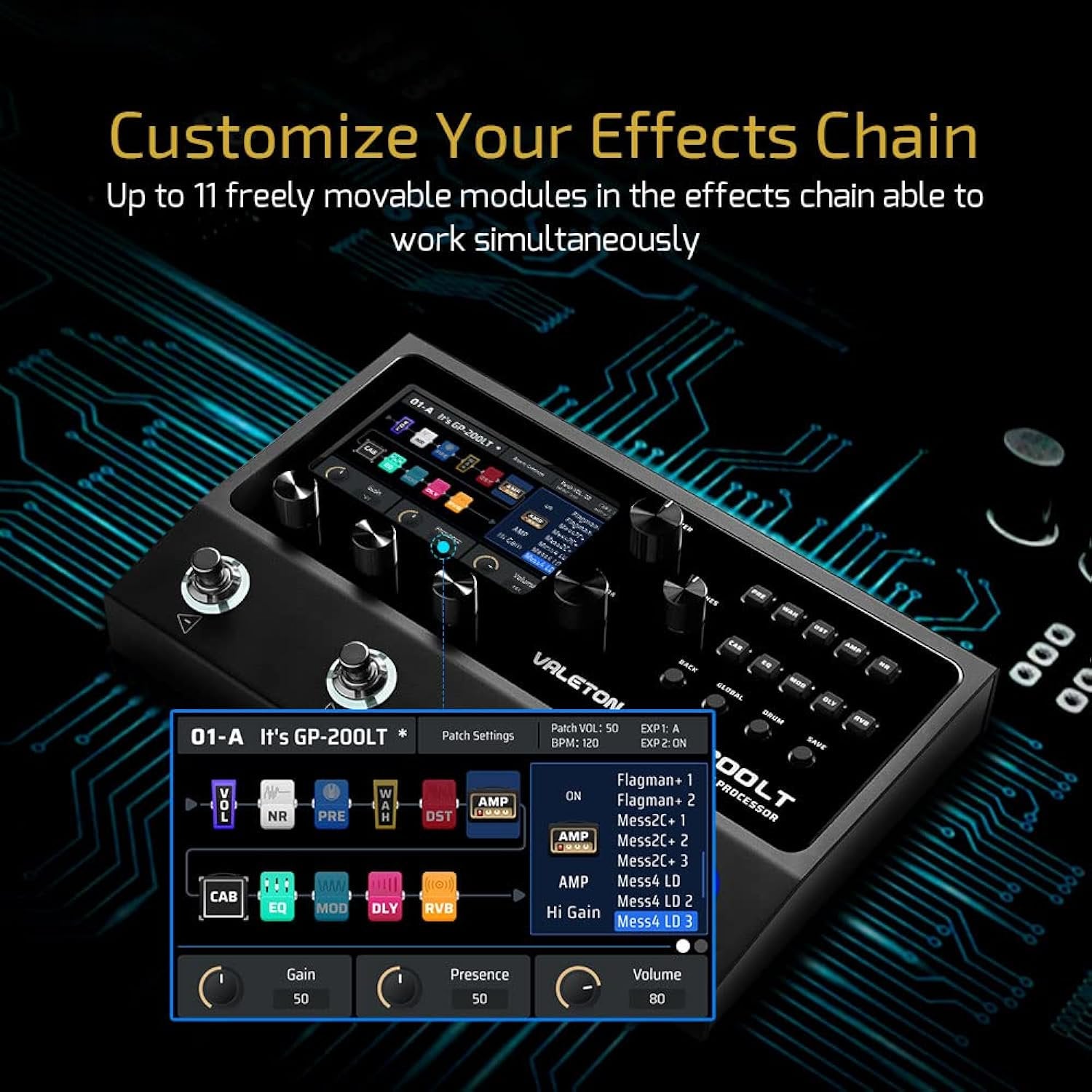 Valeton Multi Effects Pedal Multi Effects Processor Guitar Effects Pedal Bass Pedal Amp Modeling IR Cabinets Simulation Multi-Effects with FX Loop MIDI I/O Stereo OTG USB Audio Interface GP-200LT