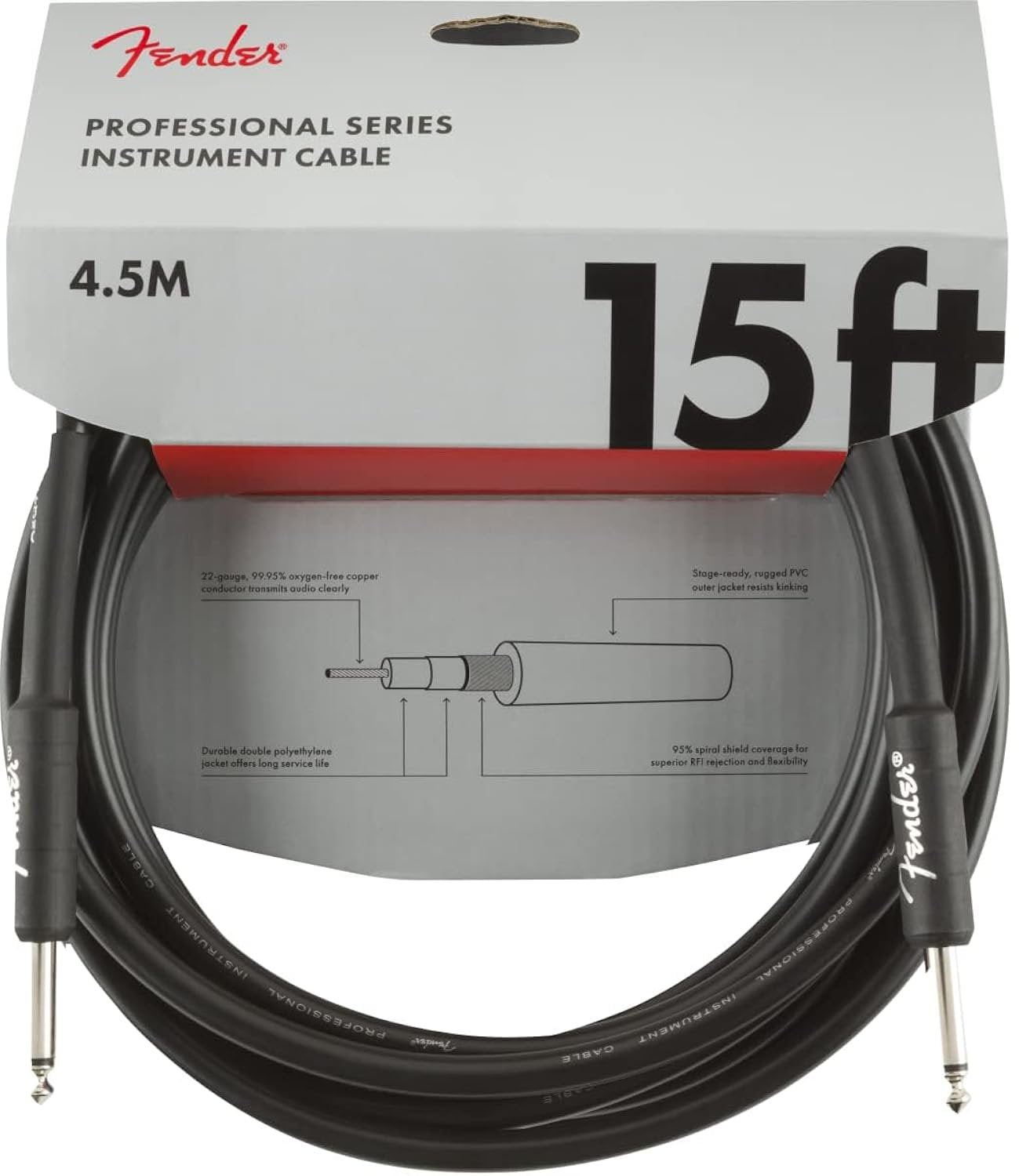 Fender Professional Series Instrument Cable, Guitar Cable, Guitar Accessories, Straight/Straight, Black, 15ft