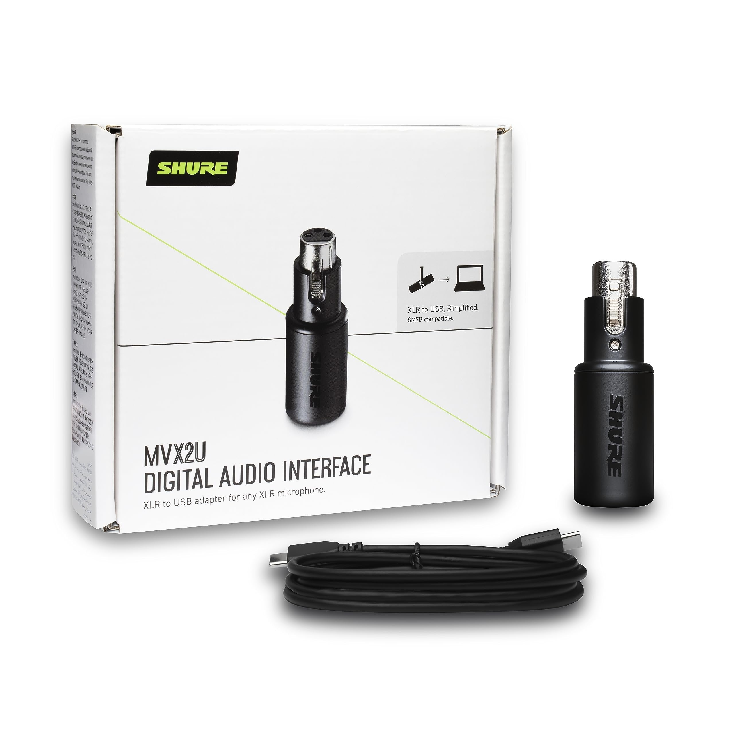 Shure MVX2U XLR-to-USB Interface with Headphone Jack, 60dB Gain, Zero-Latency Monitoring, 48V Phantom Power, ShurePlus App, USB-C Cable