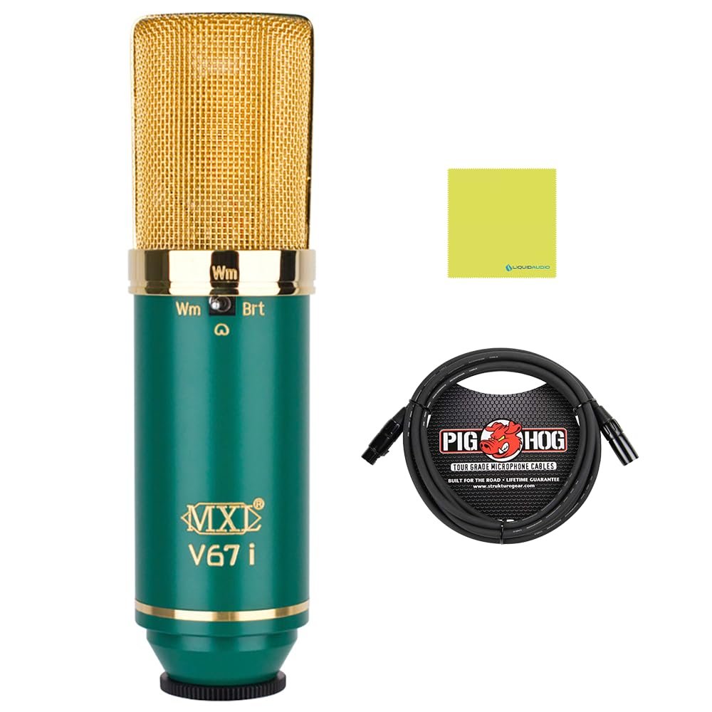 MXL V67i FET Condenser Microphone Bundle with 10ft Pig Hog Microphone Cable & Polishing Cloth – Dual-Diaphragm Mic with Warm and Bright Voicings for Studio Versatility