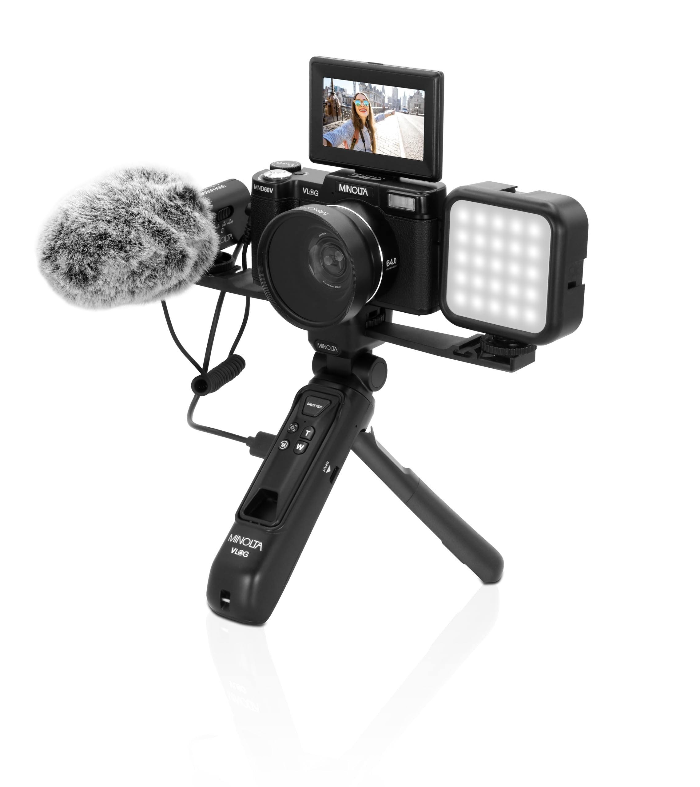 Minolta 64MP 4K60FPS VLOG Camera Kit – Digital Autofocus Camcorder with Tripod, Remote, Mic, LED Light, 3-inch LCD Screen, Time-Lapse, Slow Motion, Wide Angle Lens, 32GB Card, USB